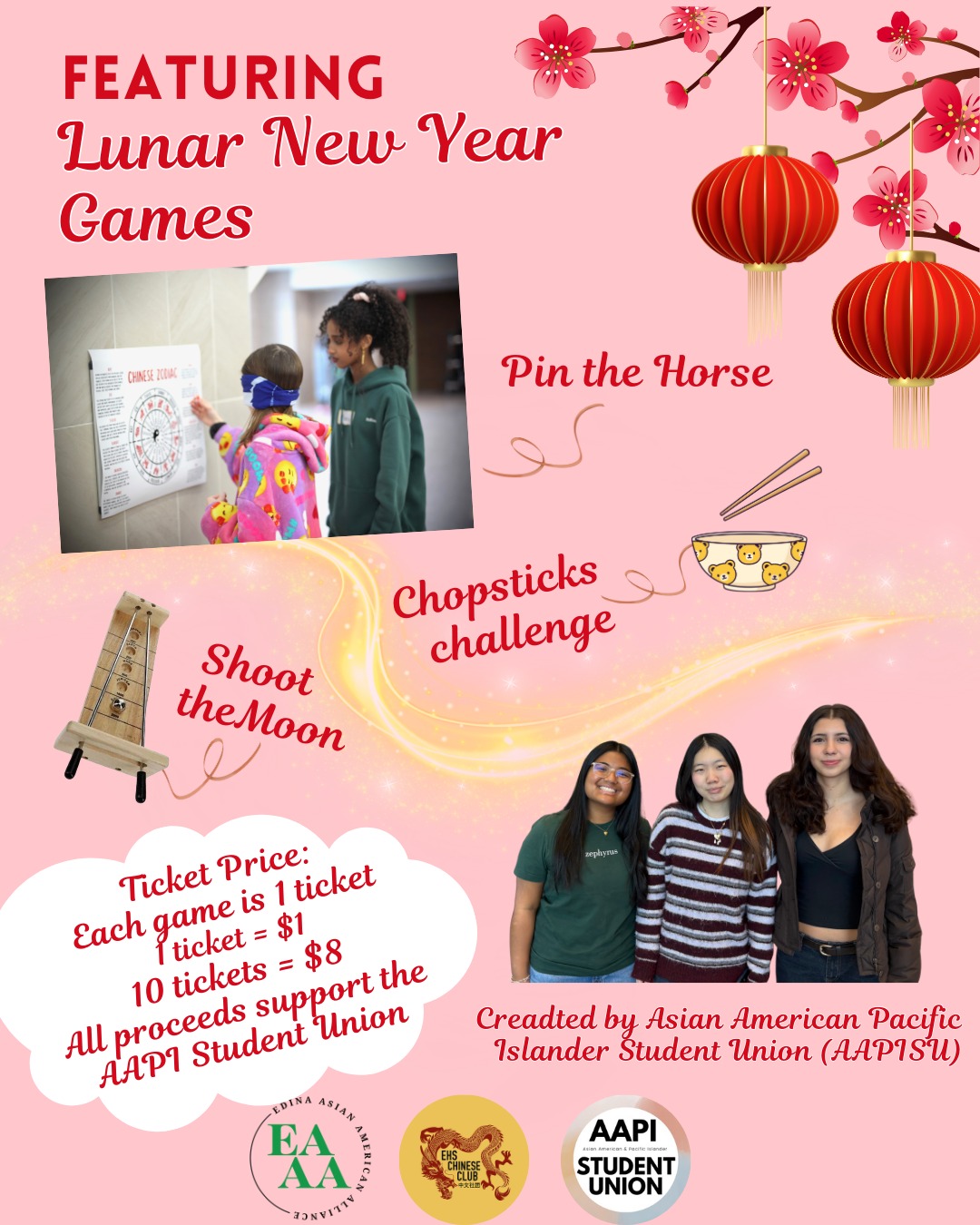 Back by popular demand! For the second year in row, AAPISU will host their fun Lunar New Year Games section!
This is also an opportunity for AAPISU to fundraise for their club! Game titles and descriptions:
Shoot the Moon
Try to shoot the moon by landing the ball into the furthest target with this classic game.
Pin the Horse
It’s the Year of the Horse! With a blindfold, try to pin a magnet onto the horse on the zodiac wheel.
Chopstick Challenge
Using chopsticks, transfer items from one bowl to another without dropping them.
Come have some fun and win some sweet prizes :-)
Tickets to the event are available at tinyurl.com/eaaalny26. Discounted tickets are available for those fasting in observance of Ramadan.