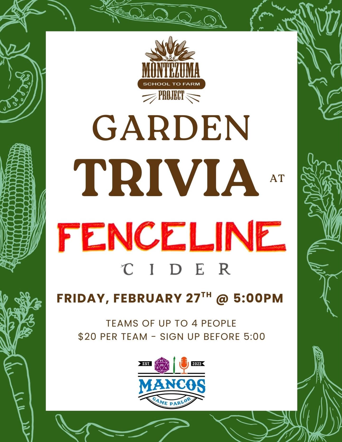 We’re back at Fenceline Cider for another garden-themed trivia night! Put your knowledge to the test against three rounds of questions all about gardening 👨🏼🌾 🫛🌶️
⏰ Friday, February 27th at 5:00PM
👫 Teams of up to 4 people
💵 $20 per team - make sure to sign up before 5PM!
We cant wait to see you there!
#gardening #gardentrivia #trivianight #mancos #mstfp