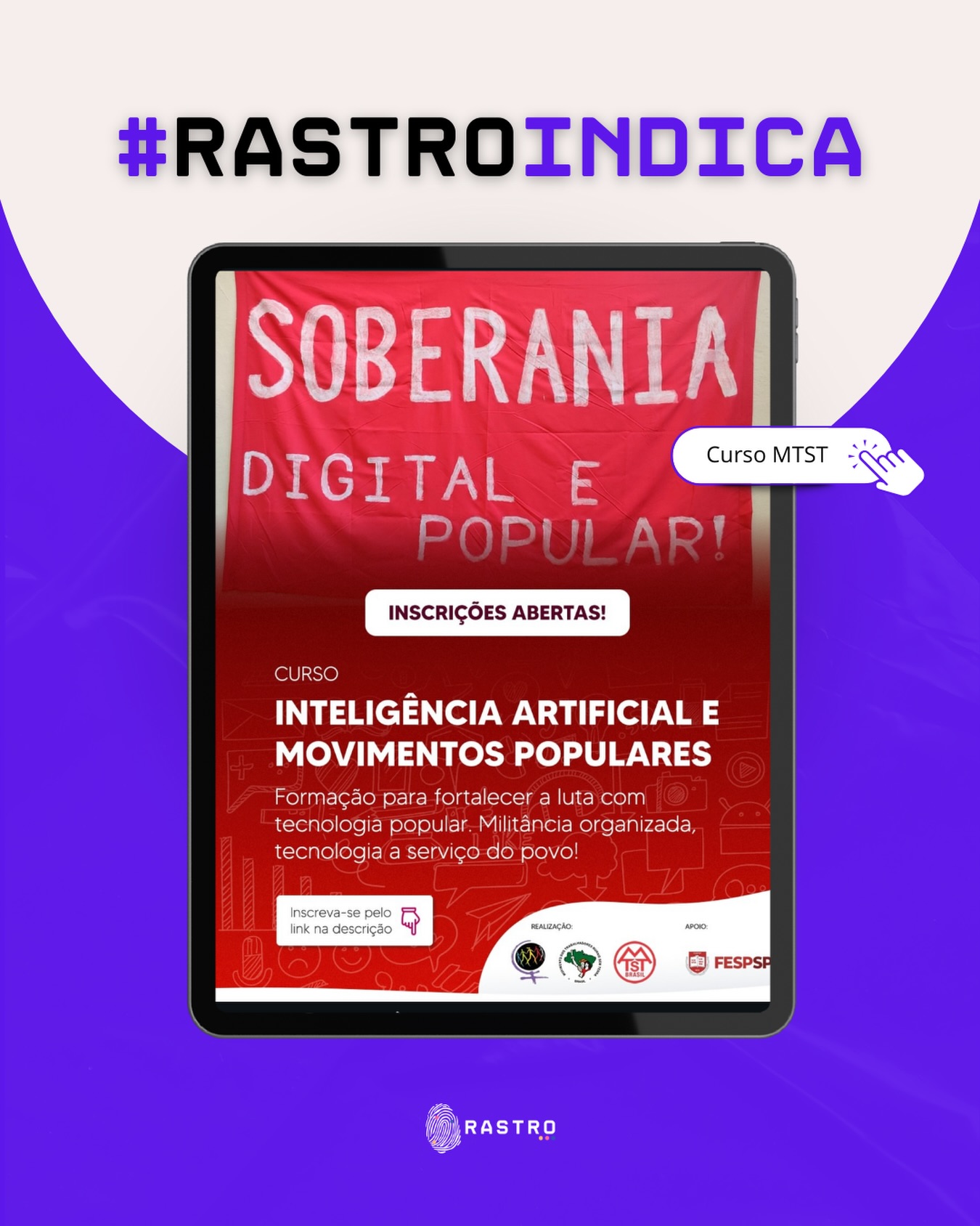 É possível pensar uma IA a serviço da luta popular, inspirada em princípios éticos e democráticos? Essa é uma das questões centrais no contexto do atual sistema de colonialismo digital. Por isso, recomendamos o curso “Inteligência Artificial e Movimentos Populares”, uma realização em parceria do MTST, do MST e da MMM, com apoio da FESPSP.
📅 Datas: sábados — 28/02, 07/03, 21/03, 28/03, 11/04, 18/04 e 25/04
⏰ Horário: das 9h às 17h
📍 Local: Fundação Escola de Sociologia e Política de São Paulo (FESPSP), no centro de São Paulo. Para mais informações: @tecnologia.mtst