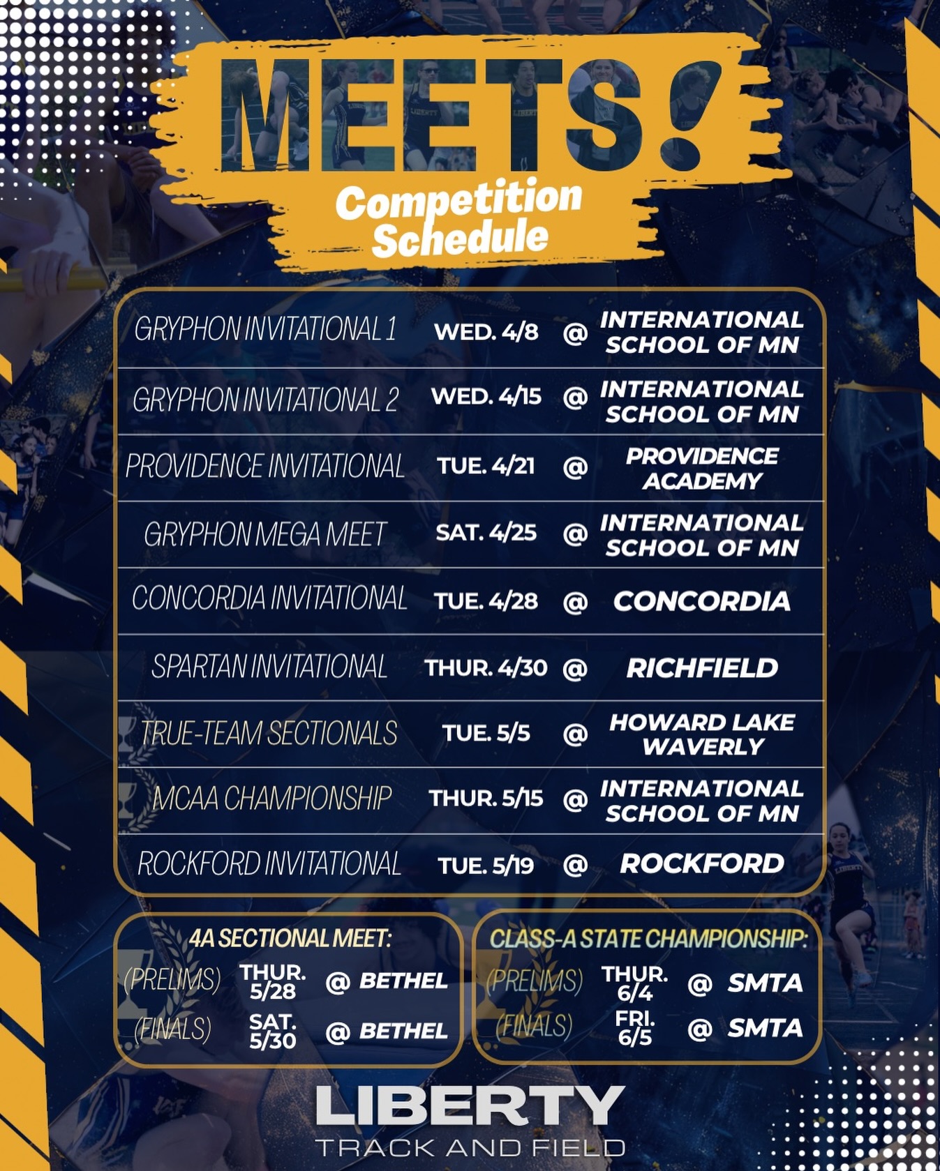 The Competition-Schedule for our 2026 Track Season!
———
A few new meets for the Lions this season, as we broaden our horizons for new opportunities to compete against different schools.
We can’t wait for this year to get started!