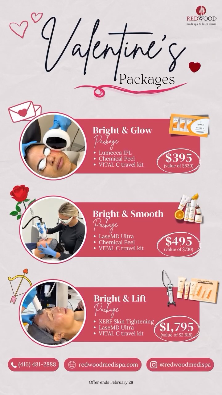 Valentine’s is a good excuse to take your skin seriously.
We created these packages for clients who want brighter, smoother, more lifted skin without chasing trends.
Just proven treatments, done properly, with products that support real results.
If your skin feels dull, uneven, or tired after winter, this is a good reset. 💋🏹
Offers are available until February 28!
📍 4141 Yonge St, Unit 304, Toronto, ON M2P 2A6
📞 (416) 481-2888
📩 info@redwoodmedispa.com
#valentinesspecial #skinscience #torontospa #redwoodmedispa #valentinesday