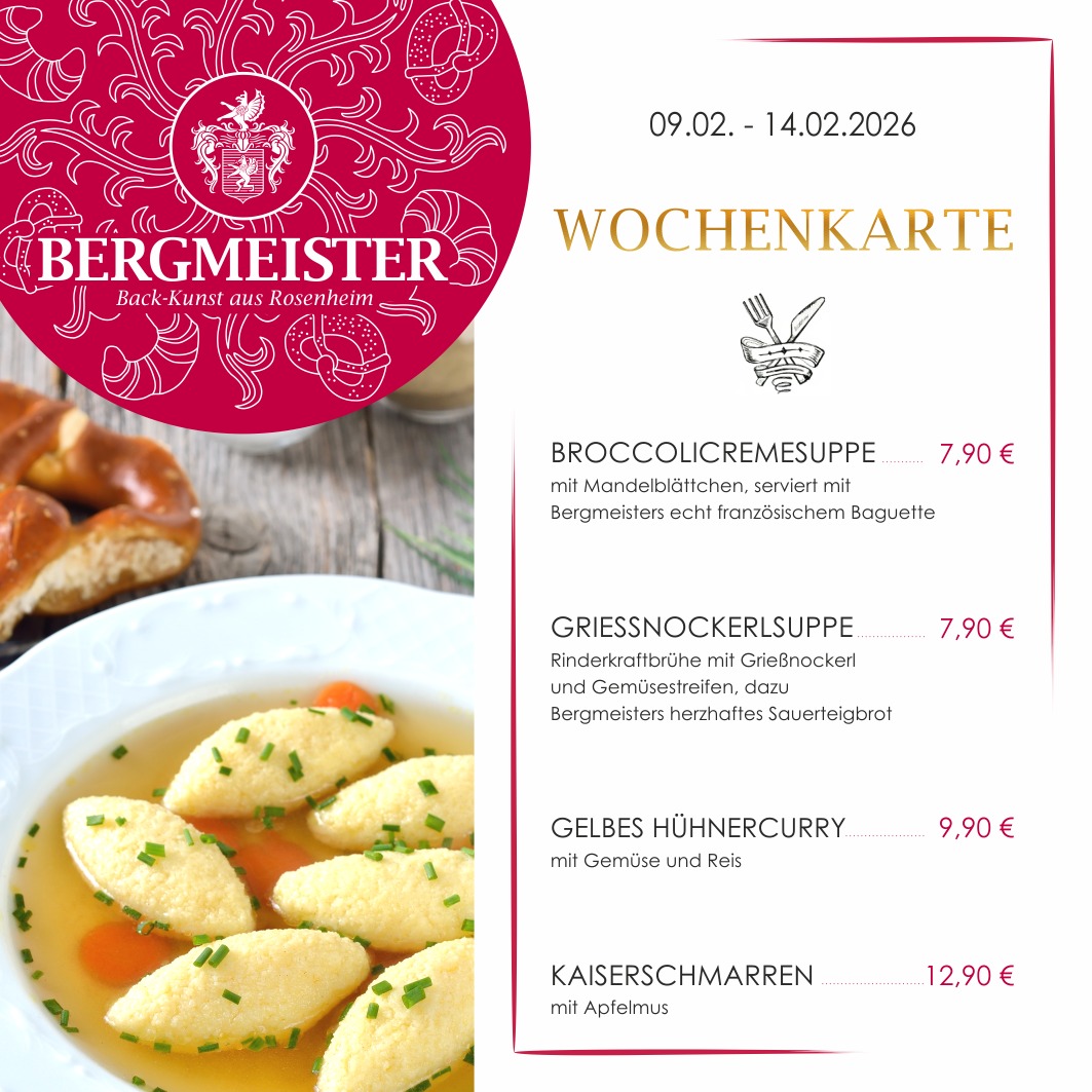 🌟 Neue Wochenkarte im Café BERGMEISTER! 🌟
Lust auf etwas Leckeres für die Mittagspause? Wir haben wieder vier neue Schmankerl für euch, die ihr unbedingt probieren müsst! 😍✨
🥦 **Brokkolicremesuppe** – cremig und voller Geschmack, perfekt für den kleinen Hunger!
🍜 **Grießnockerlsuppe** – der Klassiker unter den Suppen, wohltuend und herzhaft!
🍛 **Gelbes Hühnercurry** – würzig und exotisch, bringt Frisches auf euren Teller!
🍏 **Kaiserschmarren mit Apfelmus** – zum Abschluss ein süßes Highlight, einfach himmlisch!
Kommt vorbei und gönnt euch eine kleine Auszeit bei uns. Unsere neuen Gerichte warten nur darauf, von euch entdeckt zu werden! 🤤❤️
Wir freuen uns auf euren Besuch!
Euer BERGMEISTER-Team
#cafébergmeister #bergmeister #Leckereien#Schmankerl #FoodieHeaven #EssenWieBeiMama #herzhaft #herzhafteküche #brokkolicremesuppe #grießnockerlsuppe #hühnercurry #kaiserschmarren #mittagspause #lunchbreak #maxjosefsplatzrosenheim #rosenheim #pause #mittagessen #frischeküche #wochenkarte