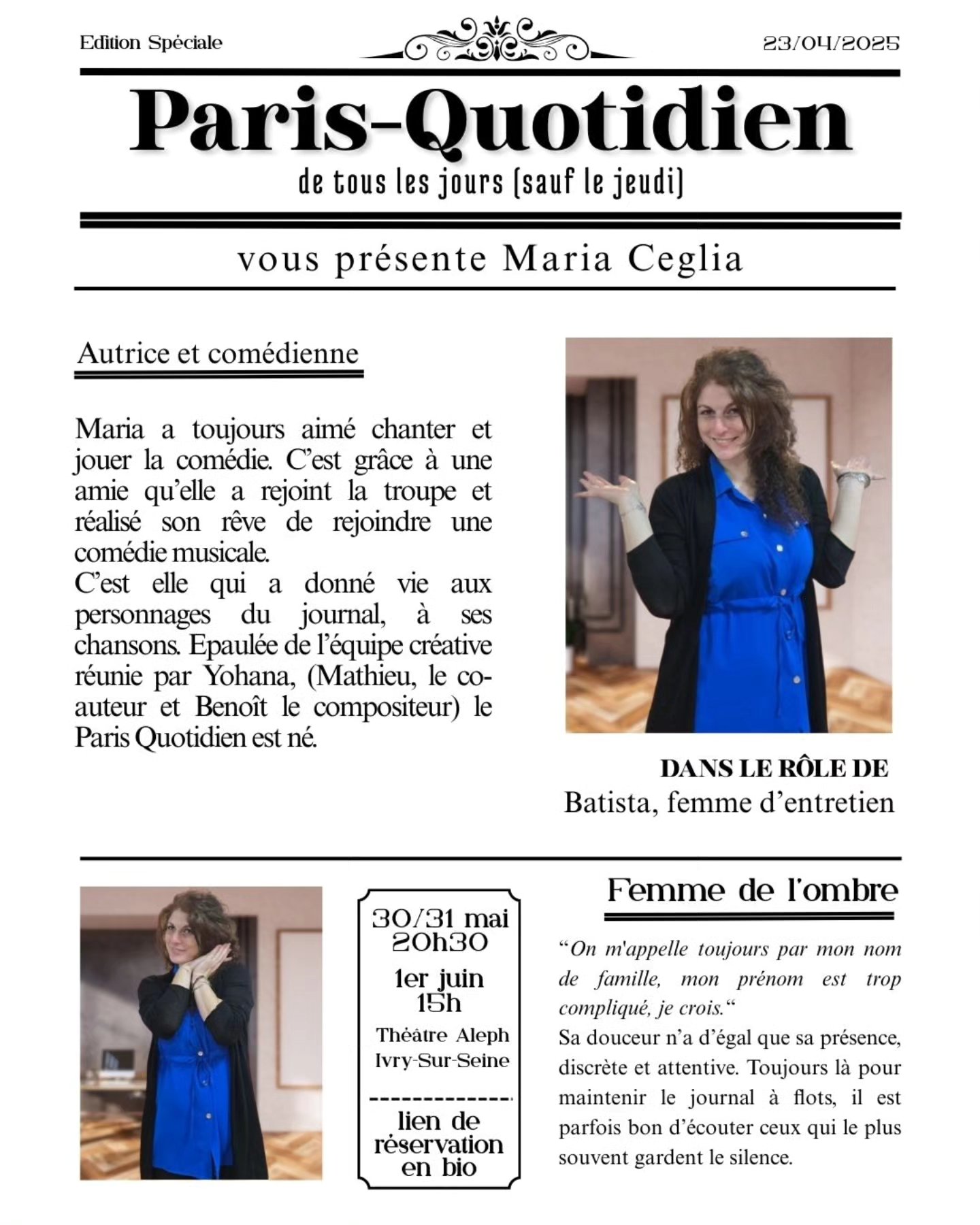 On commence la présentation de la troupe avec @just_need_a_needle autrice du spectacle et interprète de Batista.
Documentaliste et prof de théâtre le jour, elle attrape son balai et vient enchanter nos coeurs le soir à la rédac du Paris Quotidien.
Pour découvrir sa jolie voix et ses répliques pleines d’humour, ça se passe à Ivry les 30 & 31 mai et 1er juin
Commentez "Aspirateur robot" et on vous envoie le lien pour réserver en MP ! 🤖
#comédiemusicale #actrice #autrice #présentation