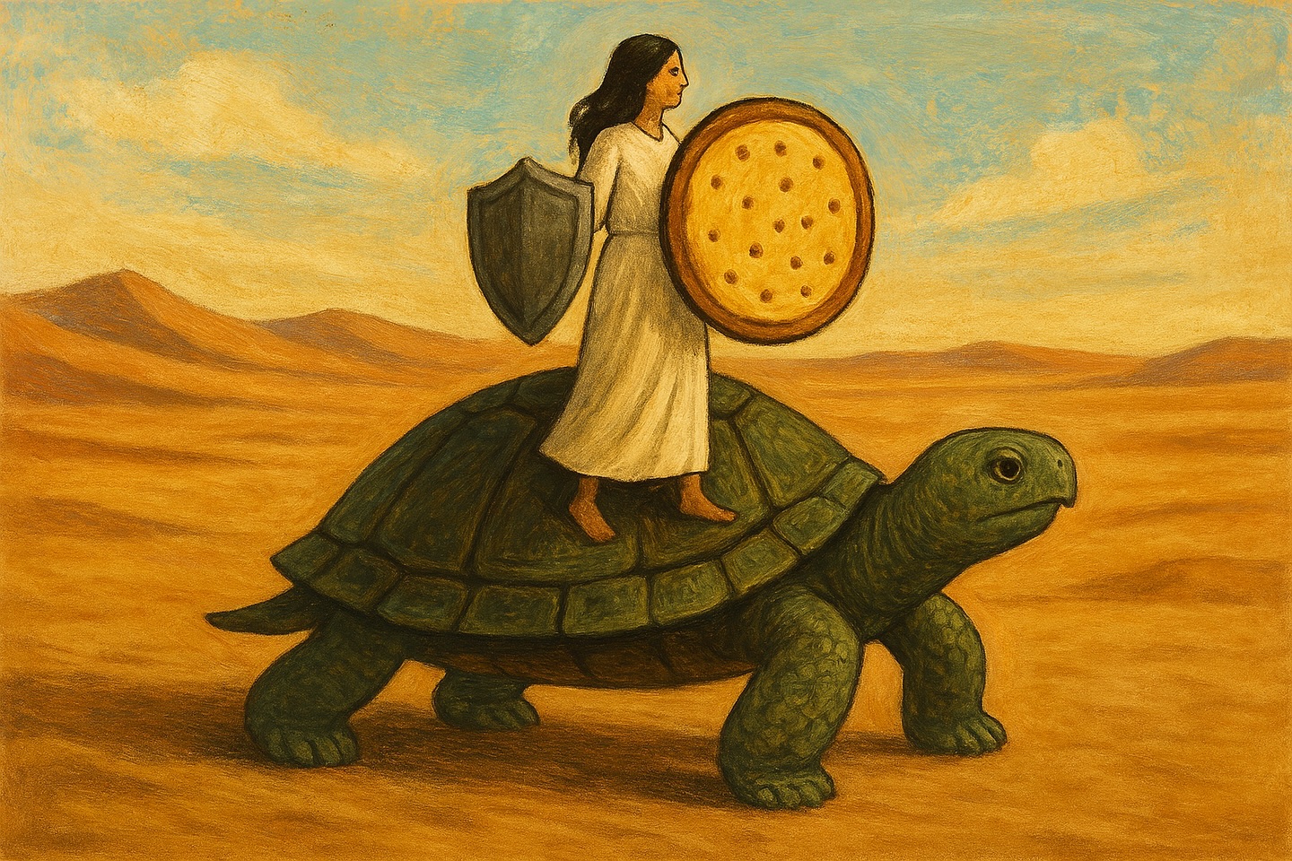 A esperança não é lança, é escudo.
Não é flecha, é casco de tartaruga.
Não é o que se atira, mas o que se carrega — lenta, pesada, necessária como a força que não se larga na beira da estrada, nem que a estrada seja o deserto.
A esperança é a promessa que não se cumpre.
E é por isso, só por isso, que a gente vive.
Porque o que se cumpre, acaba.
A esperança é a eternidade em forma de biscoito de polvilho.
#poesia #poesiabrasileira #trabalhoautoral
#arteempalavras #poesía