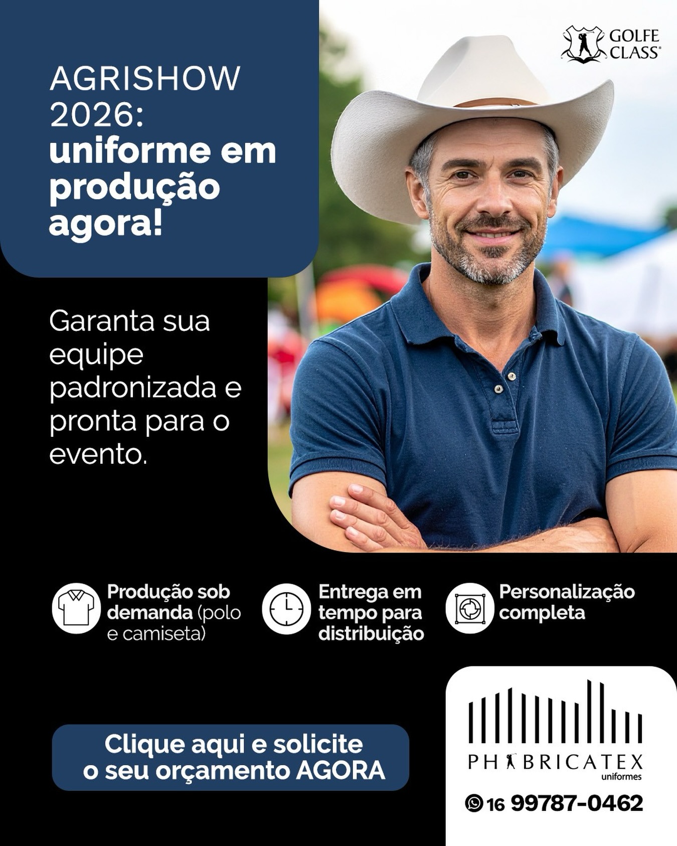 Quem deixa pra última hora, paga mais caro — ou não recebe a tempo.
Na Phabricatex, você garante:
✔️ Produção sob demanda (polo e camiseta)
✔️ Personalização completa
✔️ Entrega no prazo para sua equipe chegar padronizada no evento
Estamos com a produção aberta para empresas que vão expor ou atuar na Agrishow 2026.
👉 Solicite seu orçamento agora.