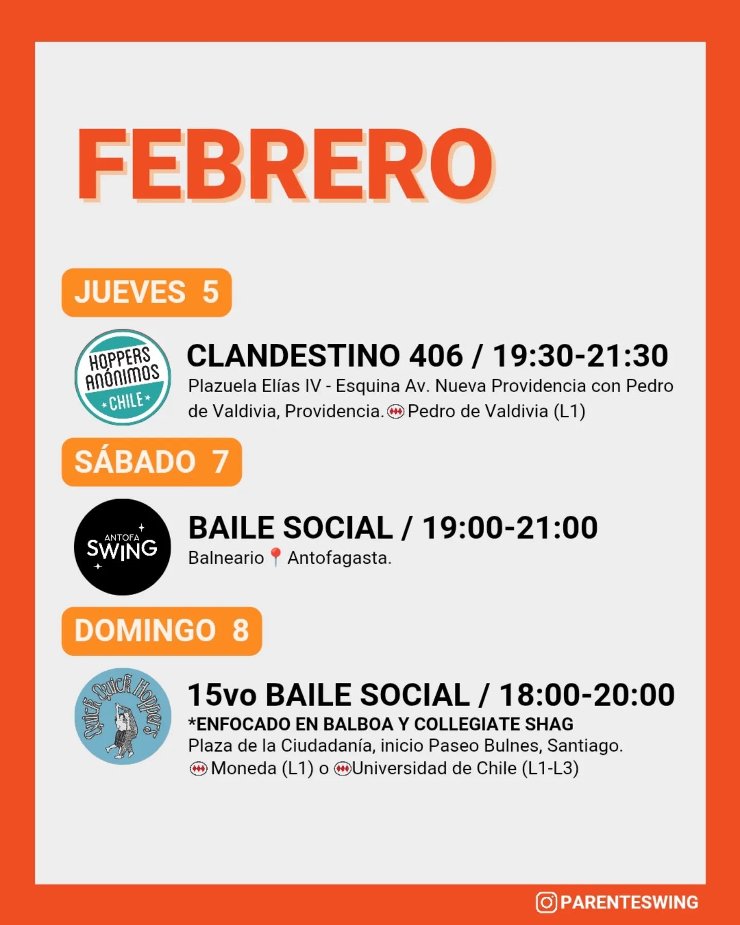 ✨Todos los eventos son gratuitos y abiertos a todo público, a menos que se indique valor de entrada 💸
‼️Cualquier modificación o nuevo evento en los comentarios👇🏻 y/o por historias 👆🏻
🤔 Qué es un Clandestino o Baile Social?
Una instancia donde fanáticos de los bailes swing (Lindy hop, Balboa, Shag, Solo jazz) se reunen a compartir, hacer comunidad y a la vez, practicar.
❌ Las actividades publicadas NO son instancias de clases para aprender a bailar, a menos que se indique “Taller” o “Clase Abierta”.
👀 Quieres aprender a bailar?
En nuestra historia destacada “CLASES” está toda la información y formularios de inscripción a los cursos del mes de las escuelas de bailes swing ✨
Nos vemos en la pista! 💃🏻🕺🏻🔥
#lindyhopchile #swingchile #panoramasgratis #swingdancechile #swingdancingchile