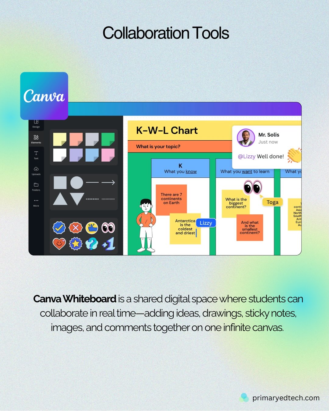 Collaboration doesn’t just happen — it needs the right tools. 👀🤝
Whether students are brainstorming, planning, giving feedback, or building ideas together, collaboration tools make thinking visible and learning social.
✨ Canva Whiteboard – perfect for real-time brainstorming, KWL charts, and visual thinking
✨ FigJam – great for sticky-note thinking, planning, and creative group work
✨ Google Slides – ideal for shared problem-solving, modelling, and co-creating presentations
✨ Padlet – a simple space for collecting ideas, reflections, media, and voice
These tools help students:
✔️ share ideas clearly
✔️ respond to each other’s thinking
✔️ collaborate in real time (or at their own pace)
✔️ build confidence communicating their learning
#EdTech
#StudentCollaboration
#PrimaryEdTech
#DigitalLearning
#ClassroomTechnology
