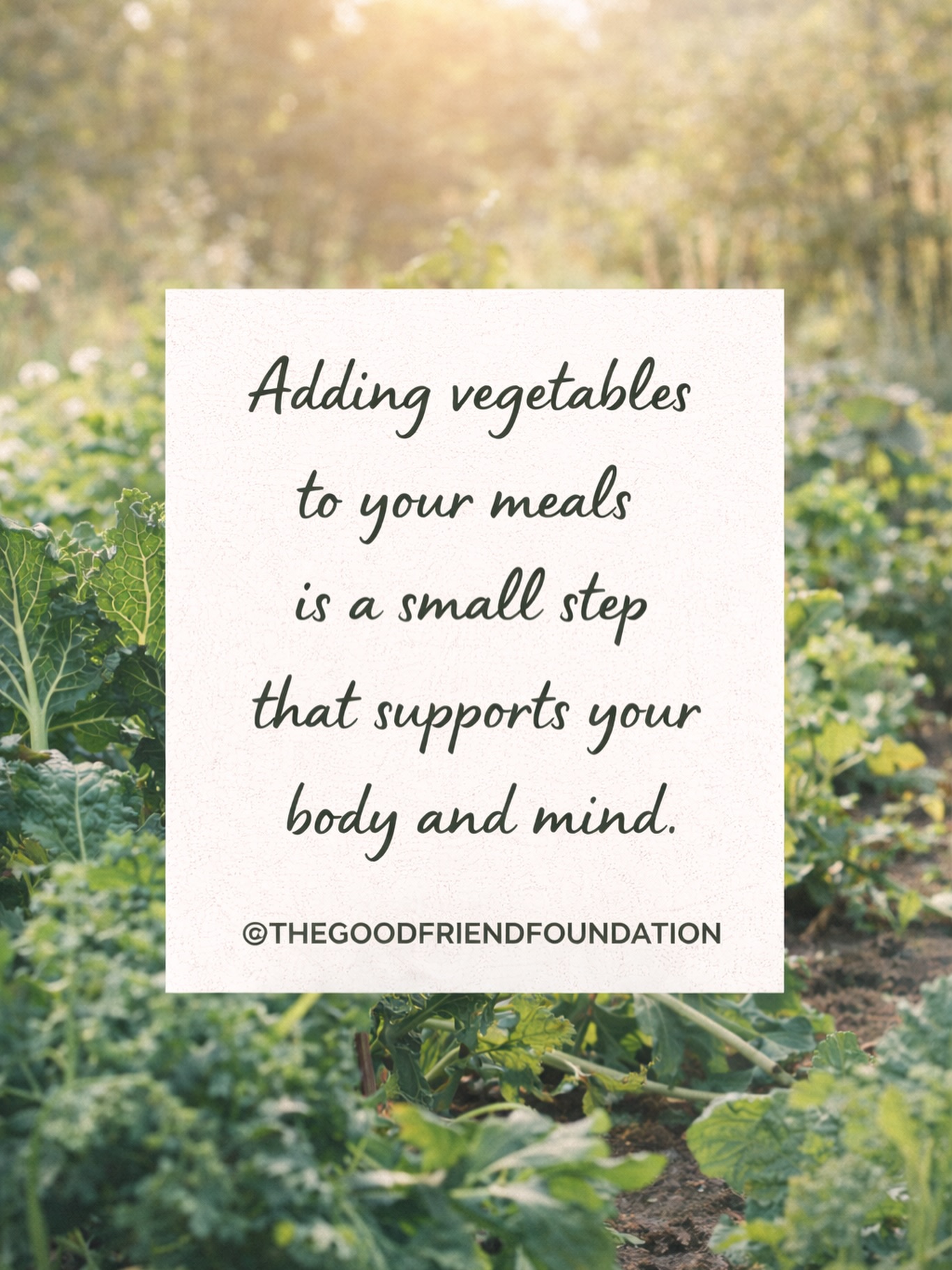 Adding vegetables to your meals
is a small step
that supports your body and mind.
Añadir verduras a tus comidas
es un pequeño paso
que beneficia a tu cuerpo y a tu mente.