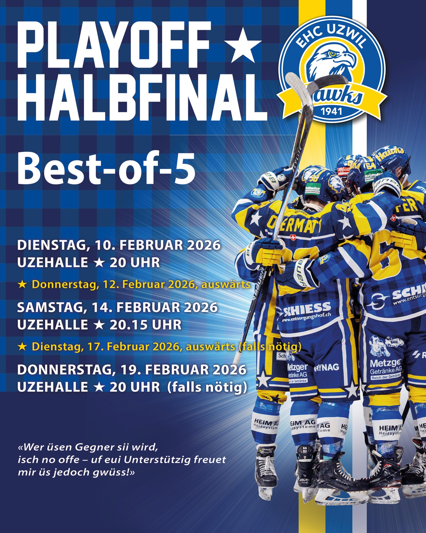Heute in einer Woche geht es los! Noch drei Trainingseinheiten, dann beginnt (fast) alles wieder bei null. Es heisst: alles oder nichts – die spannendste Phase der Saison steht vor der Tür. Wir freuen uns riesig auf eure Unterstützung in den PLAYOFFS 2026. Hopp Uzwil!
#ehcuzwil #ehcuzwilhawks #playoffs #heimvorteil #uzehalle