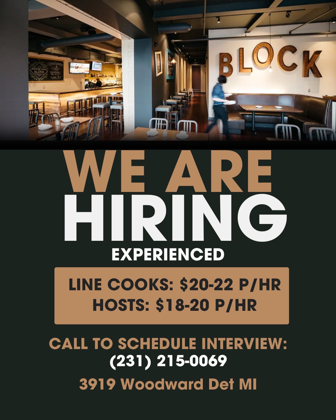 We're hiring! Experienced candidates - Call/Text: 231-215-0069