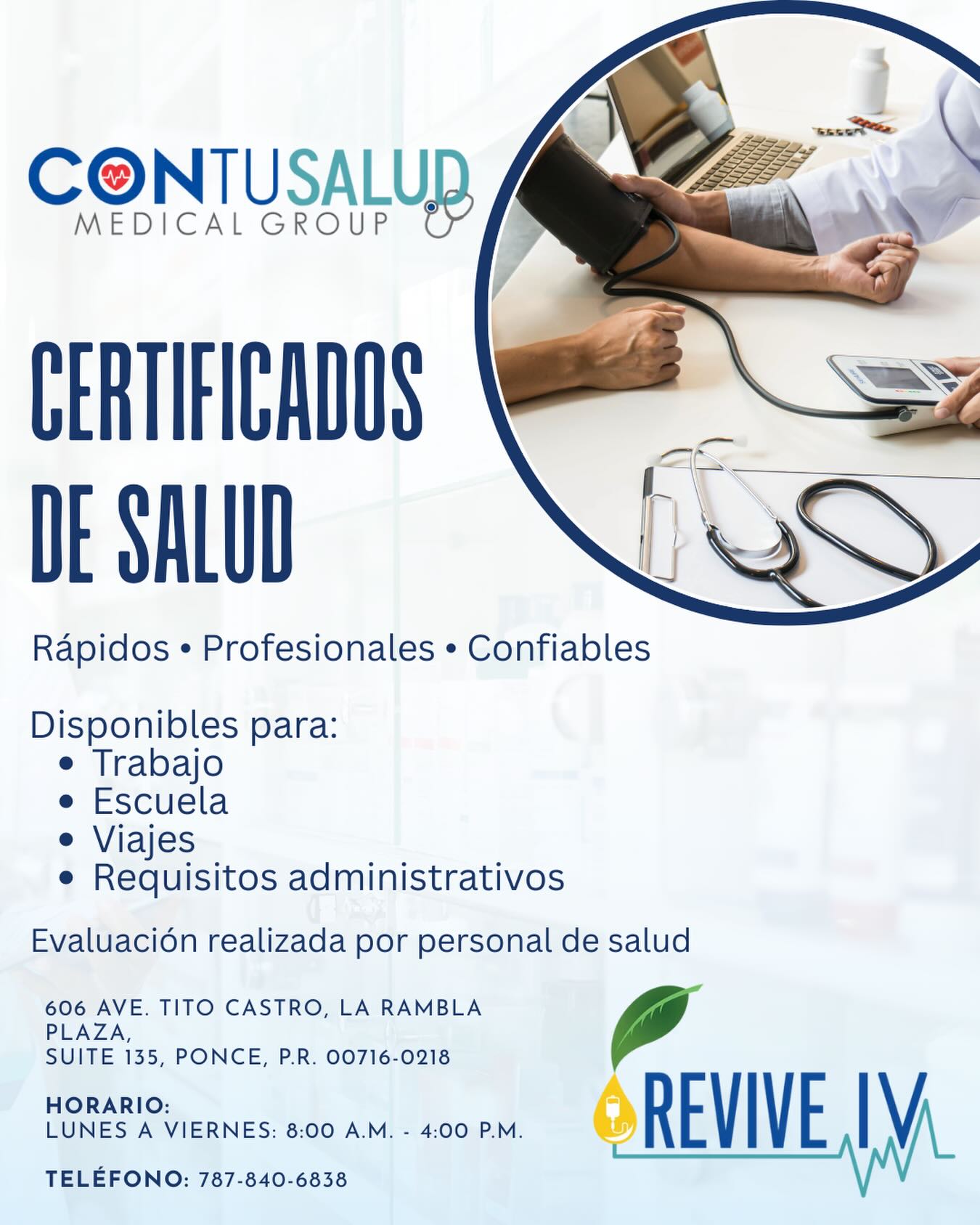 ¿Necesitas tu Certificado de Salud? 🩺
En ContuSalud te ofrecemos un proceso rápido, sencillo y sin complicaciones.
✅ Evaluación médica
✅ Atención confiable
✅ Entrega rapida
Cuida tu tiempo y tu salud con nosotros.
¡Visítanos hoy!