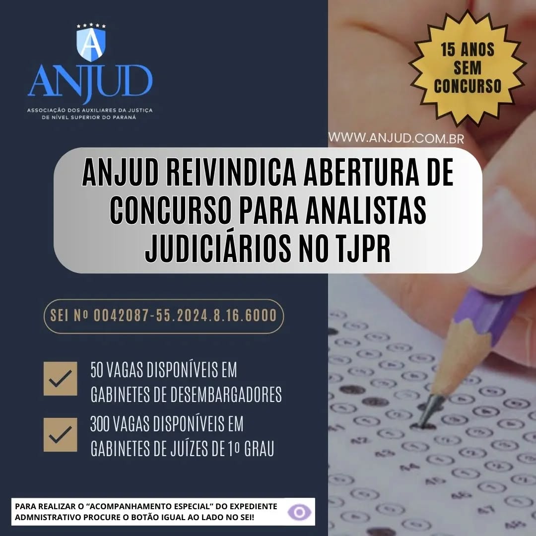 ANJUD REIVINDICA ABERTURA DE CONCURSO PARA ANALISTAS JUDICIÁRIOS NO TJPR
A ANJUD protocolou, nesta terça-feira (22/03/2024), mais uma petição ao Presidente do Tribunal de Justiça do Estado do Paraná (TJPR), Desembargador Luiz Fernando Tomasi Keppen. O documento solicita a abertura imediata de concurso público para o cargo de Analista Judiciário, destacando a relevância das atribuições desempenhadas por estes profissionais.
O cargo de Analista Judiciário, conforme descrito na Lei 20.329/2020, é o único cargo efetivo do TJPR com atribuições legais para "elaborar minutas de despachos, sentenças e votos" e realizar estudos e pesquisas para fundamentar análises processuais. A petição ressalta que estas responsabilidades demandam um amplo conhecimento jurídico, fundamental para oferecer suporte técnico aos magistrados e garantir uma prestação jurisdicional de qualidade.
A petição, em sua argumentação, fez um resgate de decisão proferida pela própria Presidência do TJPR após adotar o Parecer Nº 6529050 - STJPR-GS-CJ como fundamento, que concluiu que “a legislação reservou determinadas funções que somente podem ser desempenhadas pelo cargo de Analista Judiciário, por exemplo, as atividades de "elaborar minutas de despachos, sentenças e votos", pois exigem conhecimento jurídico inerente à formação superior”.
A ANJUD esclareceu que, em outras palavras, SERIA CONSIDERADO INVASÃO DE ATRIBUIÇÕES DO CARGO DE ANALISTA JUDICIÁRIO O EXERCÍCIO DE ATIVIDADES QUE DEMANDAM CONHECIMENTO JURÍDICO inerente ao curso superior respectivo, TAL COMO "ELABORAR MINUTAS DE SENTENÇAS E VOTOS", e não as funções que se interligam, que são conexas, e em alguns casos até semelhantes com as atribuições do cargo de Técnico Judiciário.
Atualmente, o TJPR possui ao menos 28 vagas ociosas para Analista Judiciário, e a ANJUD ressalta que o órgão tem recursos suficientes para a realização de um novo concurso. Além disso, há cerca de 50 vagas disponíveis em gabinetes de Desembargadores e mais de 300 em gabinetes de Juízes de 1º grau, conforme dados da Secretaria de Gestão de Pessoas do Tribunal.
CONTINUA NOS COMENTÁRIOS...