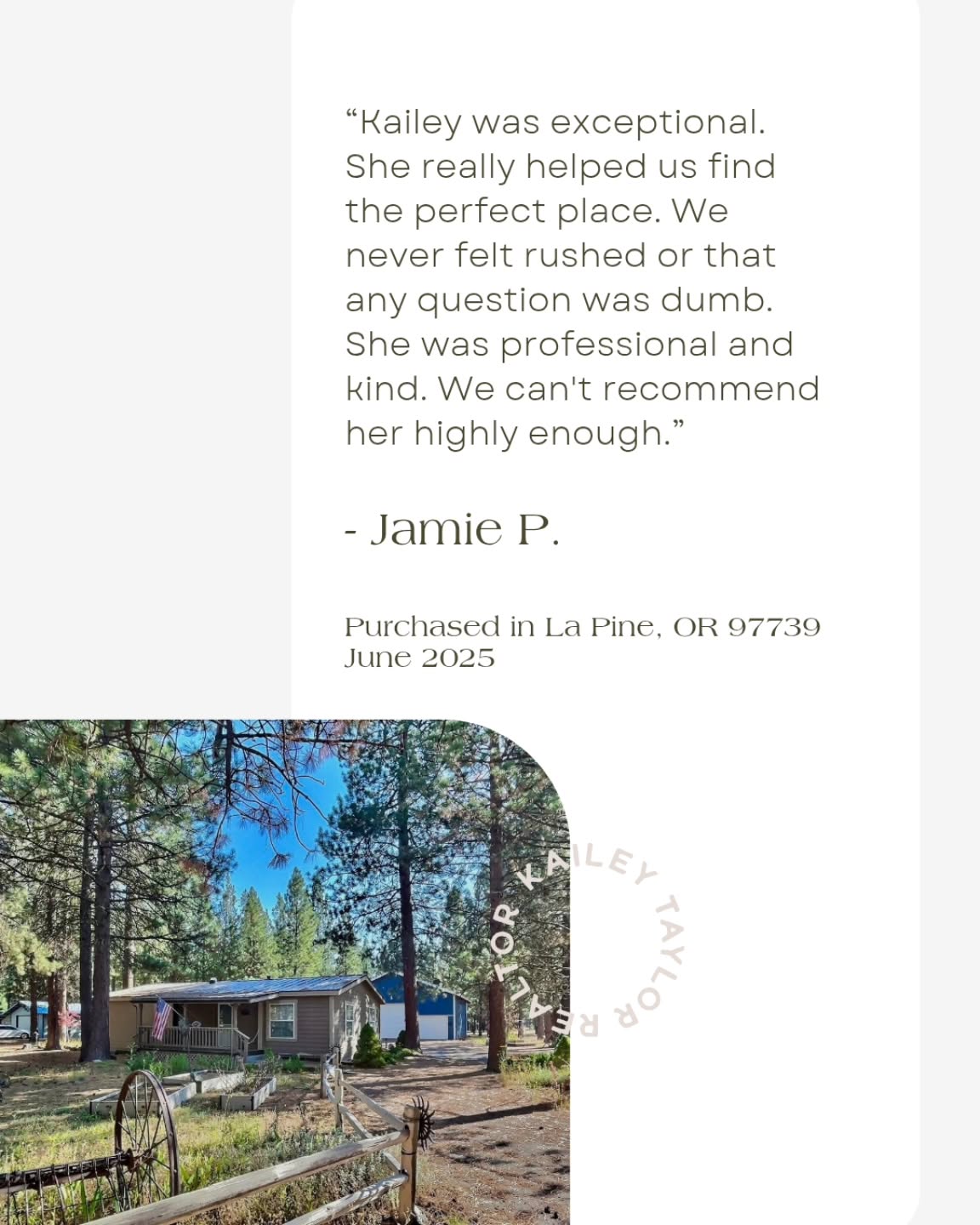 “Never felt rushed and no question was dumb.”
That right there means everything to me. Buying a home should feel supportive, clear, and human. No pressure. Just steady guidance and someone fully in your corner from start to finish.
I’m so grateful for kind clients who trust me with such a big chapter.
If you’re thinking about buying or selling in Central Oregon and want a calm, thoughtful experience, I’d love to help. Reach out anytime.
.
.
.
#livelifeinbend #realtorkailey #inclusiverealtor #oregonrealestate