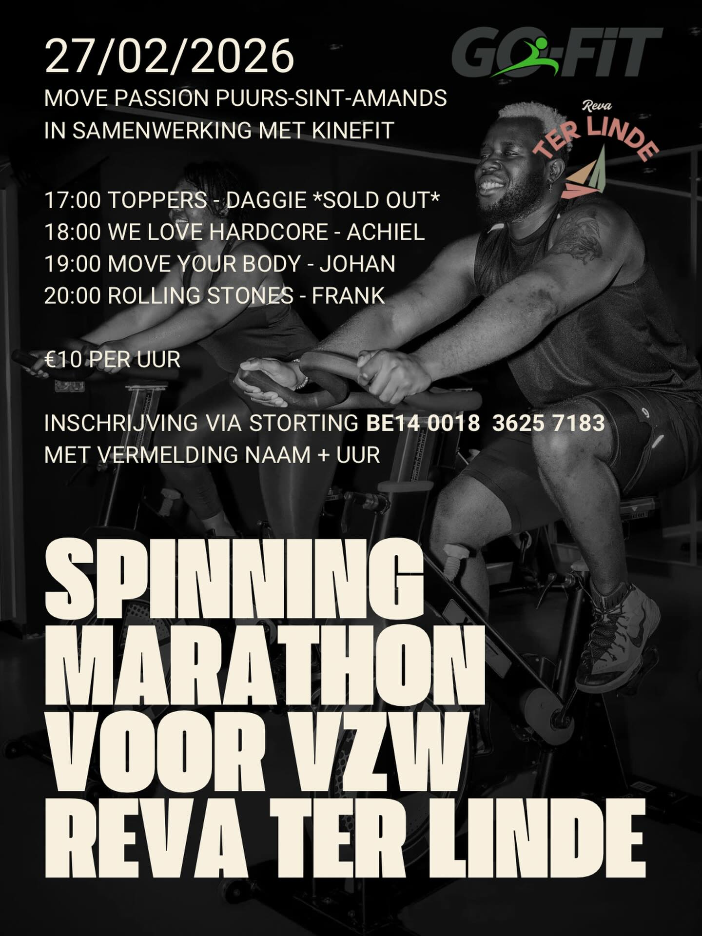 Wij hebben vorige week gezweet tijdens onze les Hyrox bij @gofit.be
Bruce & Frank zullen in april voor ons zweten tijdens de Marathon Des Sables 🥵
Wil jij ook graag zweten voor het goede doel? Schrijf je dan in voor de spinning marathon van Go Fit in @movepassion.be op 27/02 en zet je beste beentje voor 🚲
