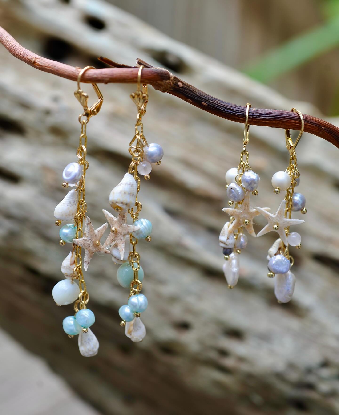 Making some lovely 14 Kt Gold, Pearls, Aquamarine, Seashells and Starfish Earrings for the December Shows #mermaid #miskatonicmermaids #handmade #sodacitysc #sodacitymarket