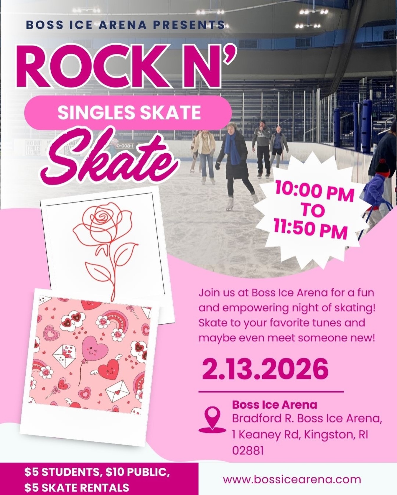 Grab your single friends and head over to Boss Ice Arena tonight for a Valentines Day themed Rock N Skate!! ❤️🌹