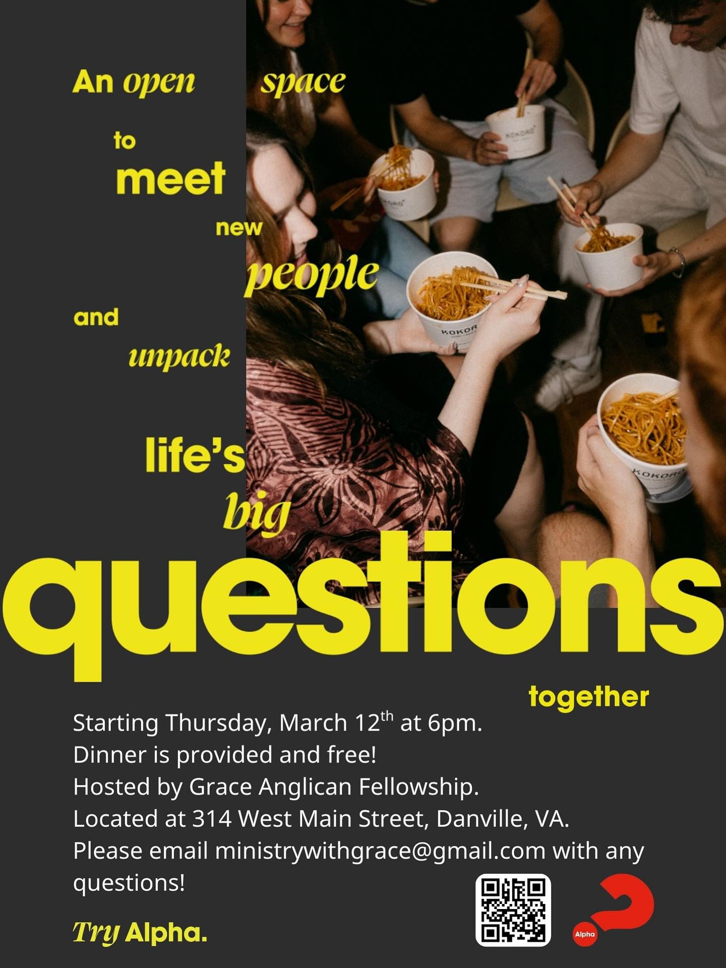 Alpha is coming soon! We cannot wait to make new friends, eat together, and talk about the big questions in life. Link in bio to sign up!