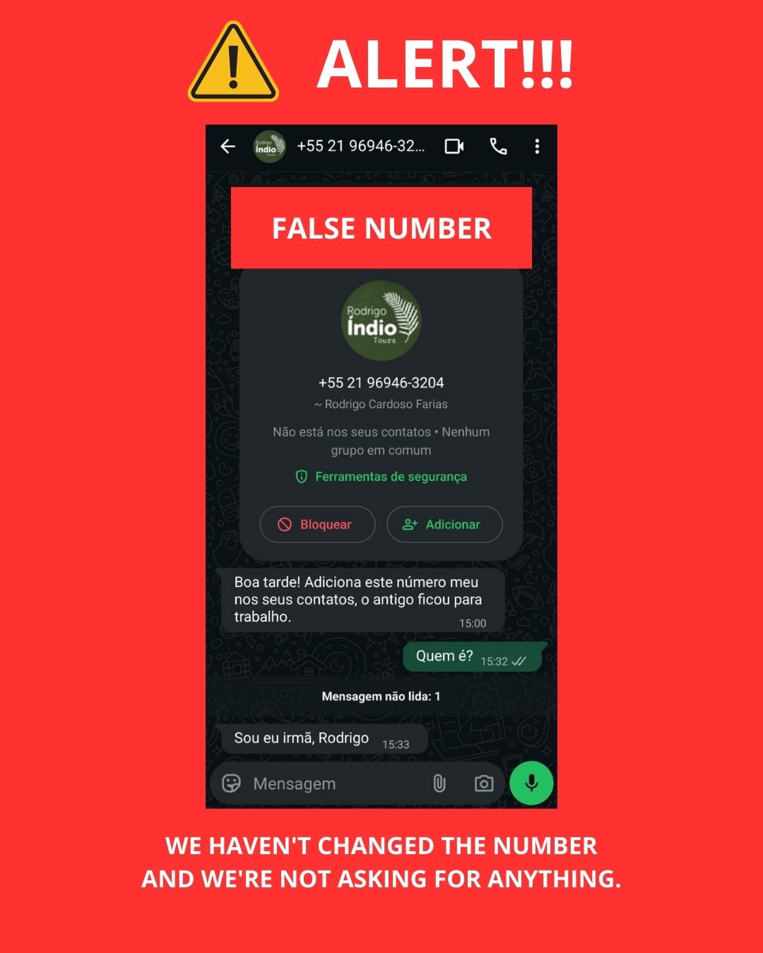 We have not changed our company phone number and we are not requesting any payments or information. There is a fake number circulating, as shown in the post image. Please stay alert and contact us only through our official channels if you have any questions.
Não alteramos o número da empresa e não estamos solicitando nenhum tipo de pagamento ou informação. Existe um número falso circulando, conforme mostrado na foto do post. Fiquem atentos e, em caso de dúvida, entrem em contato apenas pelos nossos canais oficiais.