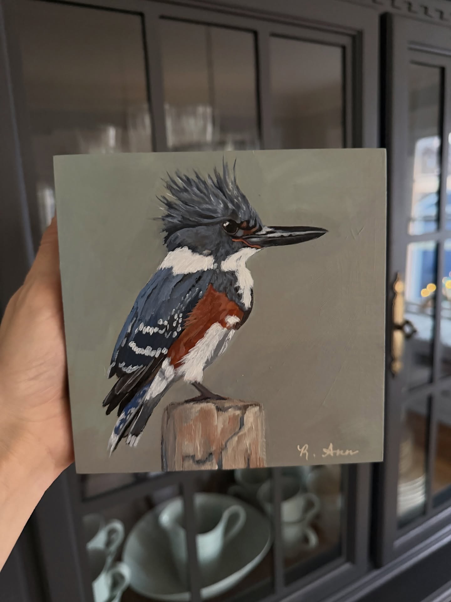 How cute is this guy? I’m calling this one “Determination.” This Kingfisher will be up at Alki Coffee Co in the next day or so to purchase (you can also purchase on my website) as I replace some of the sold paintings to prepare them for their new homes. The art installation officially comes down Monday, February 9th so stop in to grab a coffee and take a look!