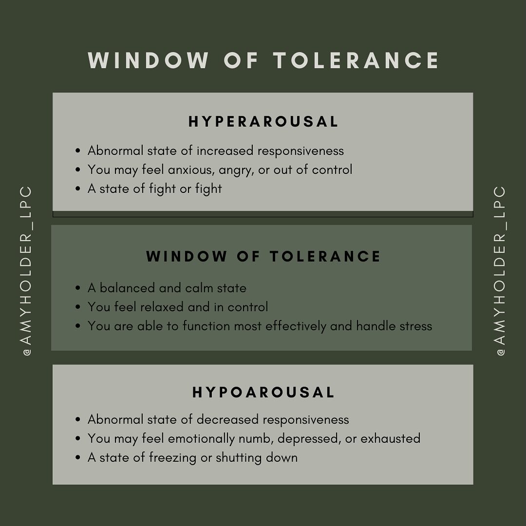 When a person is operating within their window of tolerance, they can effectively manage and cope with their emotions and life’s events.
•
Things that decrease your window of tolerance include: stress, anxiety, trauma, physical pain, exhaustion
•
Things that increase your window of tolerance include: grounding, mindfulness, deep breathing, physical movement
•
To expand your window of tolerance and increase your capacity to cope, you first must recognize when you are experiencing emotions outside your tolerable zone. You can create a healthier and more adaptive nervous system by routinely practicing coping strategie.
•
•
•
•
#WindowOfTolerance #HealthyCoping #AdaptiveCoping #MentalHealthRecovery #MentalHealth #SelfHelpTools #SelfHelpTips #Growing #Health #PersonalGrowth #Therapy #Teletherapy #TherapistOfInstagram #moderntherapymadison #amyholder_lpc
