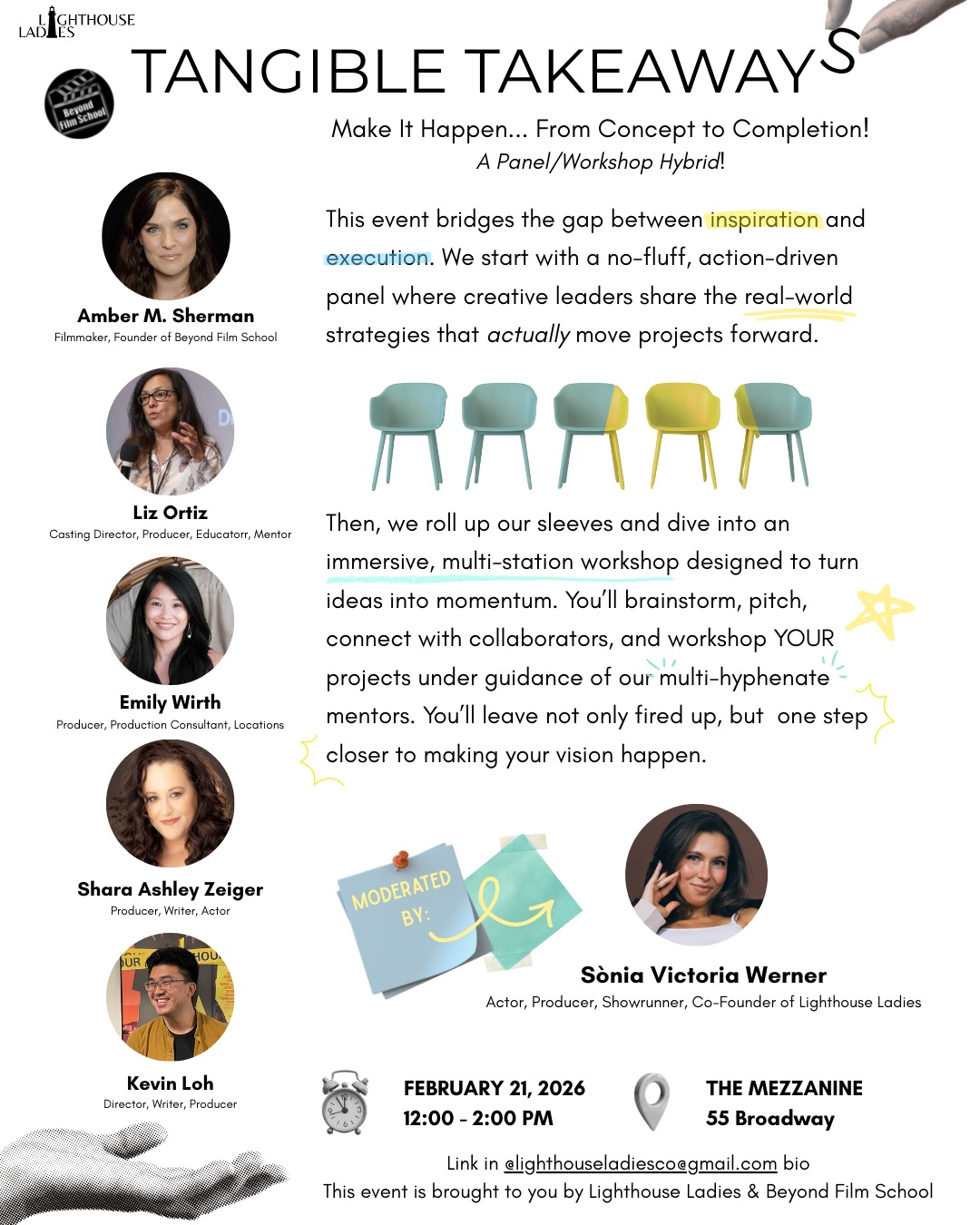 Panels are great... but action and game plans are better!
Tangible Takeaways (our panel & multi-station workshop series) is BACK! Join us on Feb 21st for real talk, real mentorship, and real tangible steps to get your project out of your head/off the page and into the world. No fluff and no gatekeeping here! Plus... tons of networking, mentorship, and surprises along the way. LINK IN BIO TO RSVP!
We're thrilled to get back to our regularly scheduled programming as Lighthouse Ladies has been booked and busy producing our biggest series yet. We can’t wait to start sharing more at this event and as we gear up for release. Stay tuned and we hope to see you here!
Grab your ticket and bring your ideas. Let’s make it happen!
#LighthouseLadies #Filmmakers #WomenInFilm #CreativeCommunity #IndieFilm #MakeYourOwnWork #Producing101 #Mentorship #NYCArtists