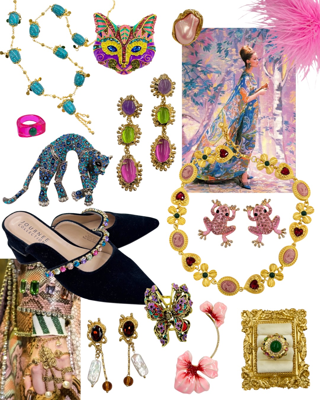 Our current jewelry mood board is full of color, texture, and life! 🌞🦚 Everything you see pictured is available here at Time Warp so get it while it’s hot! ❤️🔥
#timewarpbr #midcitybr #vintagefashion