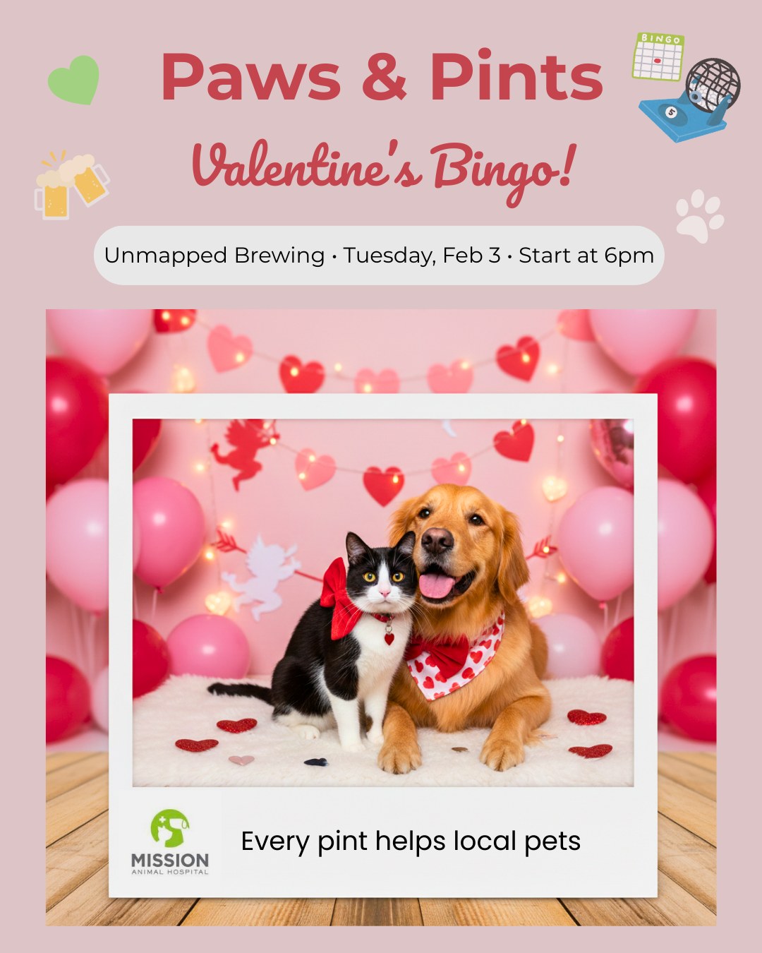 Stop scrolling… your early‑February plans just got adawwwrable!
We’re warming up for this season with Paws & Pints Valentine's Bingo at @UnmappedBrewing tomorrow- Feb 3. This would be the perfect pre‑Valentine’s night out for you and your furry sidekick.
❤️ Pet‑themed Bingo: 6–7:30 PM
📸 Cute photo ops with your pets: 4:30–7:30 PM
🍺 $1 from every pint supports Mission Animal Hospital
🎟️ Bingo cards available with a suggested donation
Kick off the season of love with hearts, hops, and happy tails. Bring your pup, bring your people, and let’s make Feb 3 the sweetest night of the month.