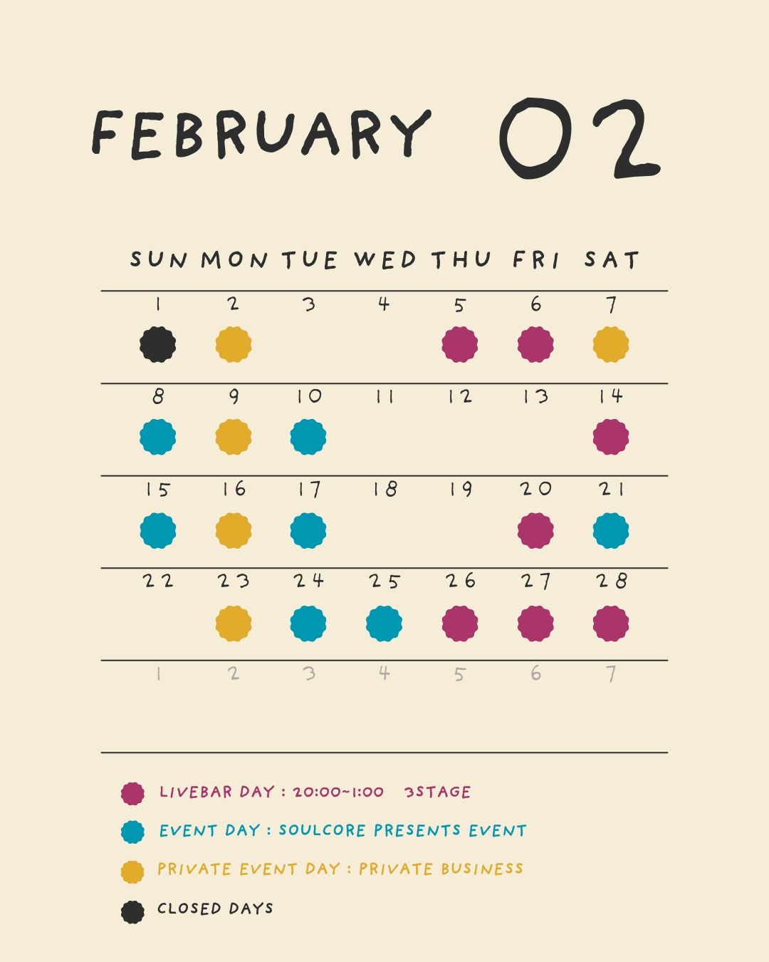 2026年2月の営業スケジュール!
ご予約はお早めに✨
今月リニューアルから1周年を迎えます!
・
・
・
⚫︎⚫︎⚫︎⚫︎⚫︎⚫︎⚫︎⚫︎⚫︎⚫︎⚫︎⚫︎⚫︎⚫︎⚫︎⚫︎⚫︎
【住所】
〒064-0806
北海道札幌市中央区南6条西6丁目
ARTビル 7F
LIVEHOUSE営業:年中無休
(ホリデーを