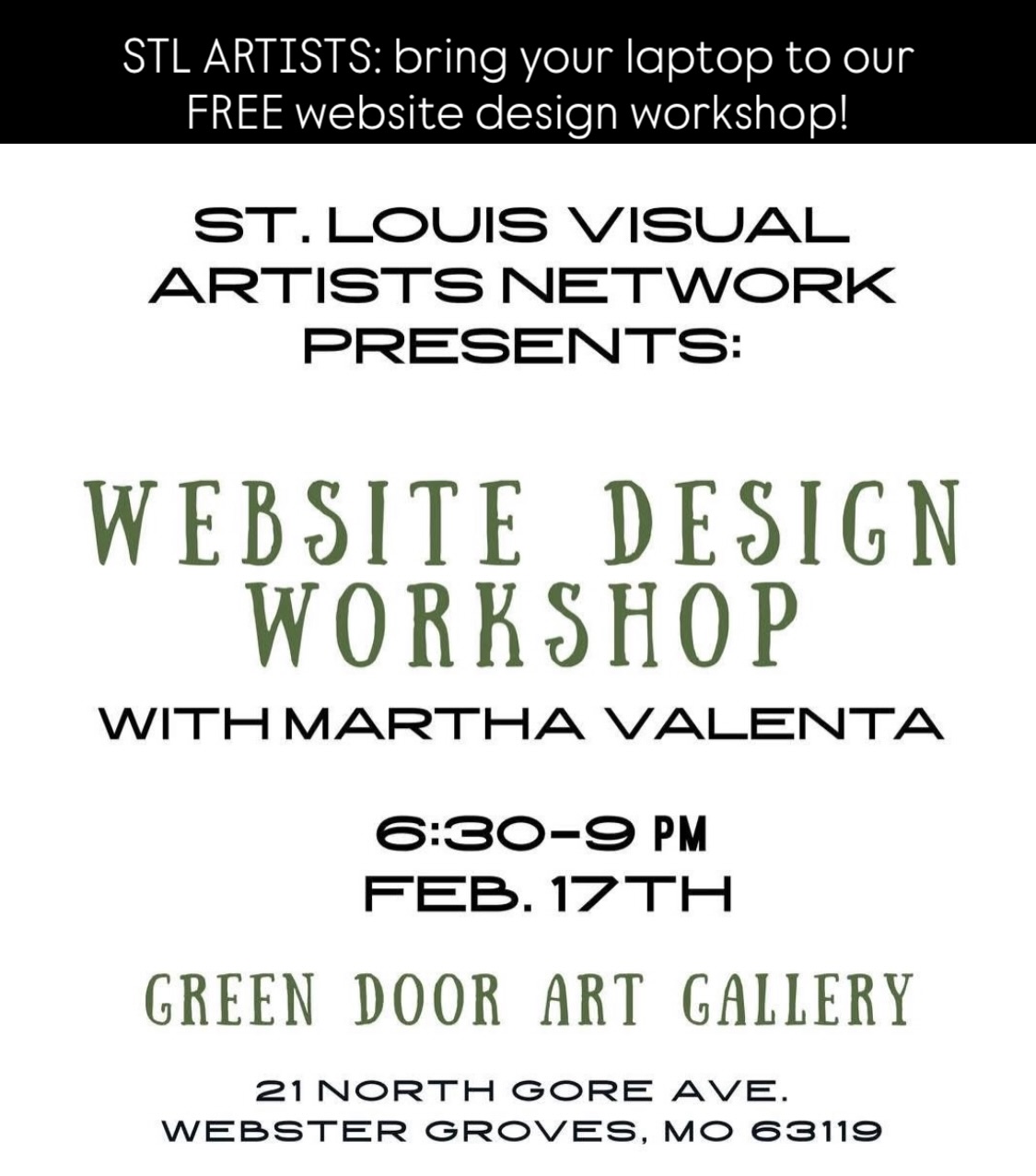 JOIN US for the next St Louis Visual Artists’ Network meeting on February 17th from 6:30 to 9 pm at Green Door Art Gallery! This month, Martha Valenta will be teaching an interactive workshop about Practical Strategies for Artist Websites. Please bring your laptop to be able to log into your website to make updates. Our meetings are free & public on the 3rd Tuesday of the month. Hope to see you there! #greendoorartgallery #stlouisvisualartistsnetwork #stlartists #freeworkshop @martha.valenta