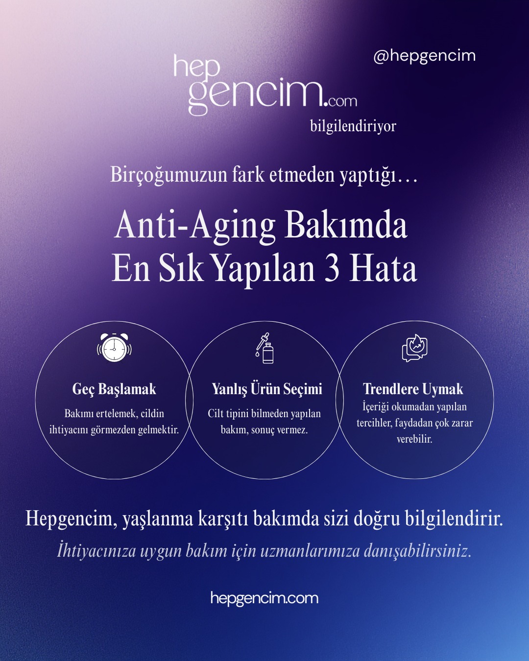 Birçoğumuz fark etmeden anti-aging bakımda aynı hataları yapıyoruz.
Oysa doğru bilgi, doğru bakımın temelidir.
Hepgencim, yaşlanma karşıtı bakımda sizi doğru bilgilendirir.
Cilt tipinize ve ihtiyacınıza uygun bakım için uzmanlarımıza danışabilirsiniz.
✨ Yaş al, yaşlanma.
#hepgencim #antiging #bilinçlibakım #ciltbakimi #yaşlanmakarşıtı #doğrubakım #ciltbilinci