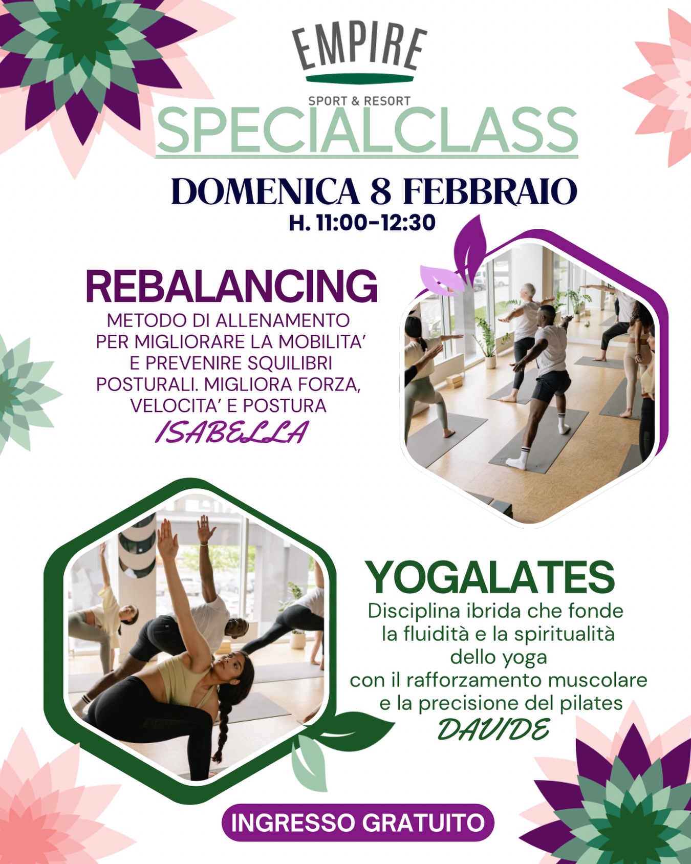 ✨ SPECIAL CLASS ✨
📅 Domenica 8 Febbraio
🕚 11:00 – 12:30
Un appuntamento imperdibile dedicato al benessere e all’equilibrio del corpo 💫
🔹 REBALANCING con Isabella
Per migliorare mobilità, postura, forza e prevenire squilibri posturali
🔹 YOGALATES con Davide
La perfetta fusione tra la fluidità dello yoga e la precisione del pilates
🎟️ INGRESSO GRATUITO
Respira, muoviti, riequilibrati. Ti aspettiamo 🧘♀️🧘♂️
#SpecialClass #EmpireSportResort #Rebalancing #Yogalates #Benessere Movimento Postura Wellness