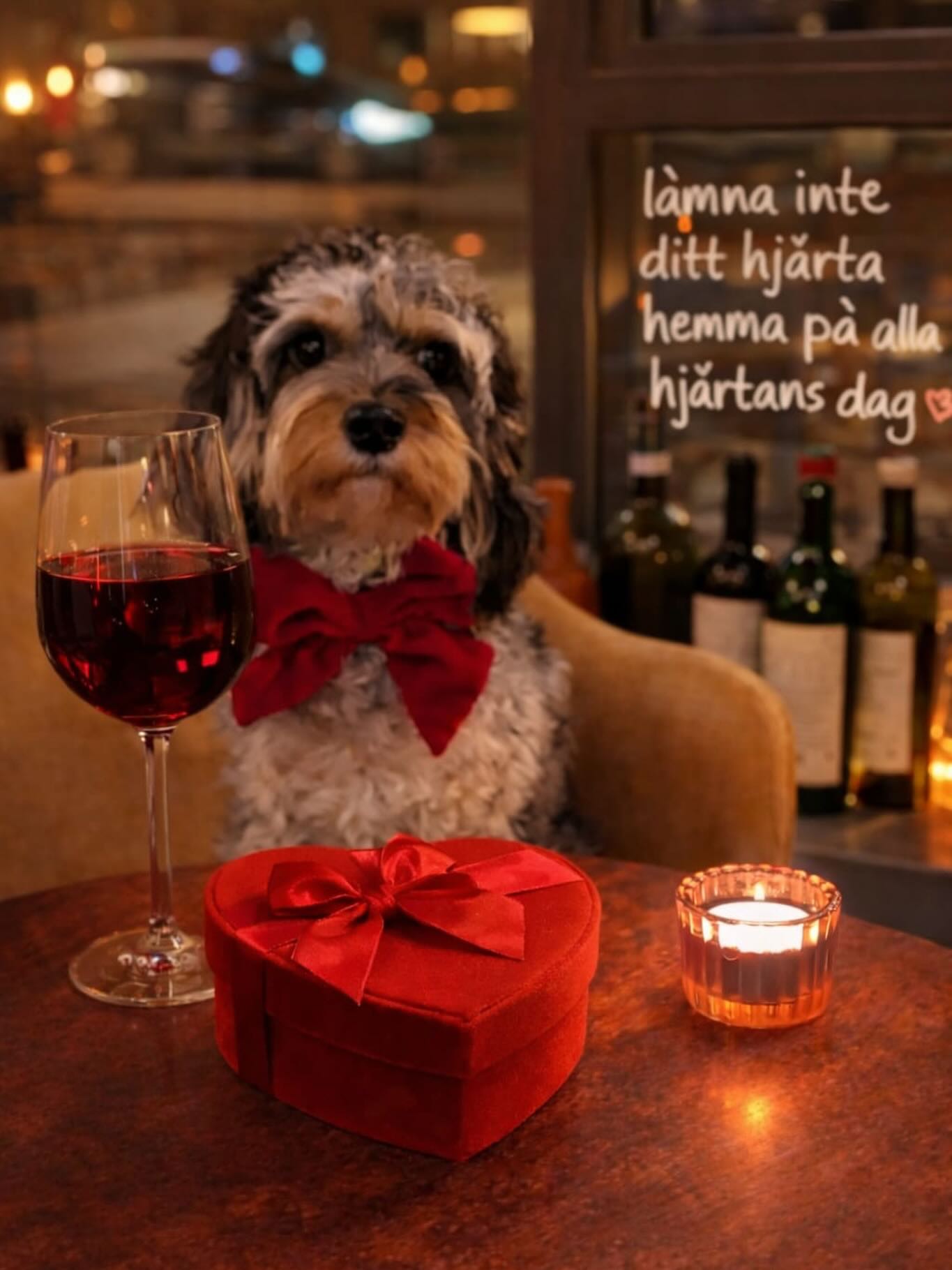 Lämna inte ditt hjärta hemma på Alla hjärtans dag❤️ Alla fyrbenta vänner är alltid välkomna hos oss🐕
Säkra din plats på vinarium.se.
Har du svårt att committa? Drop-in i mån av plats hela kvällen!
Fyrarätters meny: 650 kr
Vinpaket: 450 kr
Öppet från kl 12.00 till sent
