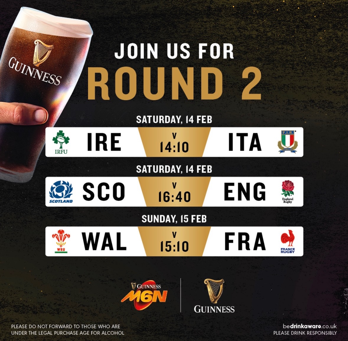 🏉 ROUND 2 – 14–15 FEB
🏉 ROUND 2. BIGGER. LOUDER. BETTER. 🍻
This weekend we’ve got another massive lineup on the screens:
🇮🇪 Ireland vs 🇮🇹 Italy – Sat 14 Feb, 2:10pm
🏴 Scotland vs 🏴 England – Sat 14 Feb, 4:40pm
🏴 Wales vs 🇫🇷 France – Sun 15 Feb, 3:10pm
Whether you’re backing your nation or just here for the Guinness, we’ve got you covered.
Great rugby, great drinks and the best atmosphere in town 🍺
📣 Tag your matchday crew and get yourselves down!
#SixNations #RugbyWeekend #SouthStreet #GuinnessTime #LiveSport