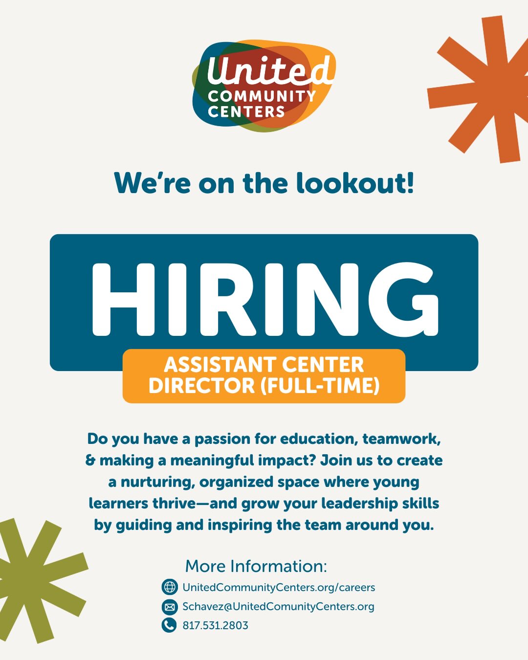 We’re Hiring: Assistant Center Director! United Community Centers is seeking a compassionate, organized Assistant Center Director to help oversee daily operations at our Polytechnic Center serving children and families. This role supports our licensed childcare program and family services, supervises staff and volunteers, and helps ensure our center is safe, welcoming, and well-run.
This is more than a job—it’s a chance to help shape a place where families feel supported and kids can grow with confidence. Please share with someone who may be a great fit!
#NowHiring #NonprofitJobs #EarlyChildhood #CommunityWork #FortWorthJobs