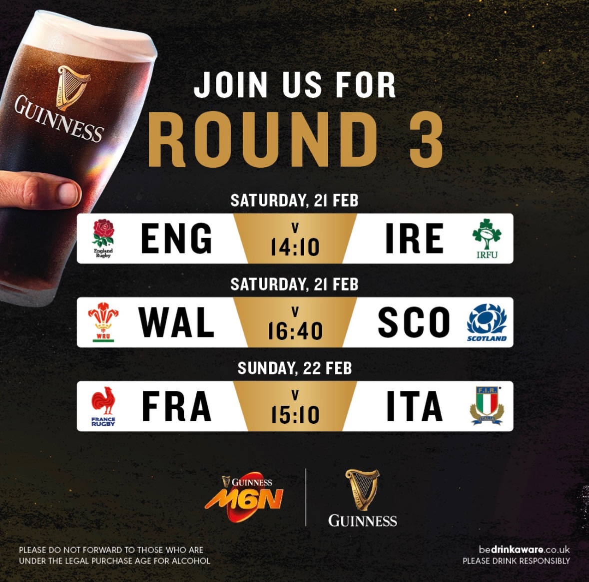 🏉 ROUND 3 – 21–22 FEB
🏉 SUPER SATURDAY… PART ONE 🔥
Three huge games across two days — and we’re showing them all LIVE:
🏴 England vs 🇮🇪 Ireland – Sat 21 Feb, 2:10pm
🏴 Wales vs 🏴 Scotland – Sat 21 Feb, 4:40pm
🇫🇷 France vs 🇮🇹 Italy – Sun 22 Feb, 3:10pm
This is where the tournament starts to get spicy 🌶️
Expect packed screens, big reactions and plenty of Guinness flowing.
📍 Get in early — you won’t want to miss this.
#SixNations #RugbyDay #SouthStreet #Guinness #LiveRugby