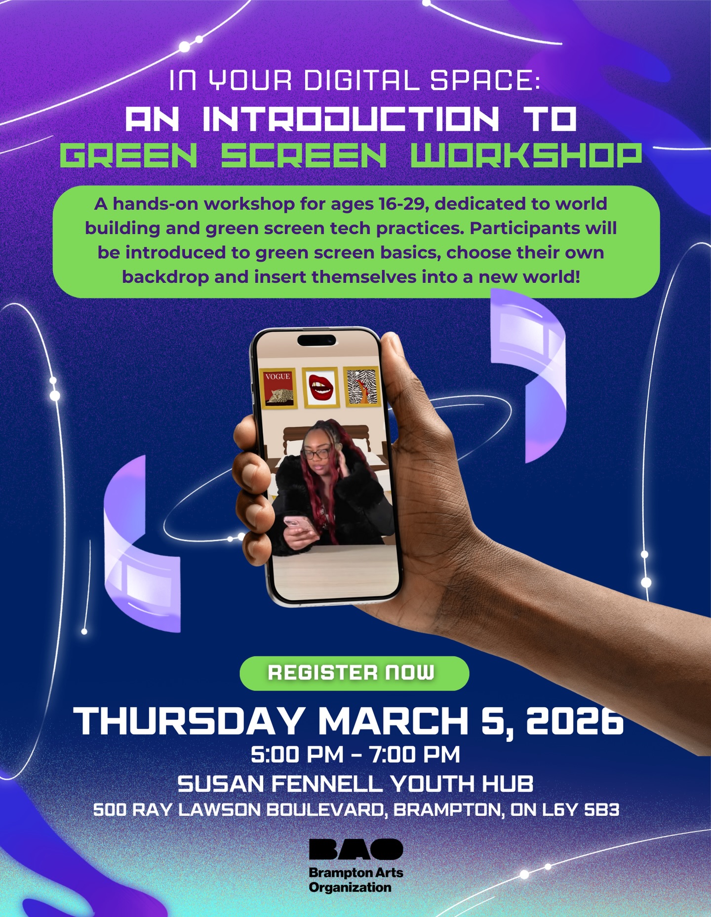 IN YOUR DIGITAL SPACE š¾ (postponed till March)
An Introduction to Green Screen Workshop š©š„
Step into a new world... literally!
Join us for a hands-on green screen workshop where youāll learn the basics, choose your own backdrop, and insert yourself into a digital scene.
š
March 5, 2026
ā° 5ā7 PM
š Susan Fennell Youth Hub
š„ Ages 16ā29
š± Bring your phone ready to download CapCut
š Avoid white, green, or reflective clothing
Facilitated by Ian (@here_is_ian), Kendal (@kendalblake) & Gulzar (@p0olsideconvooo)
Follow the link in my bio to register. Scroll to the bottom of the page and select āYouth Hub Registered Programsā to sign up.