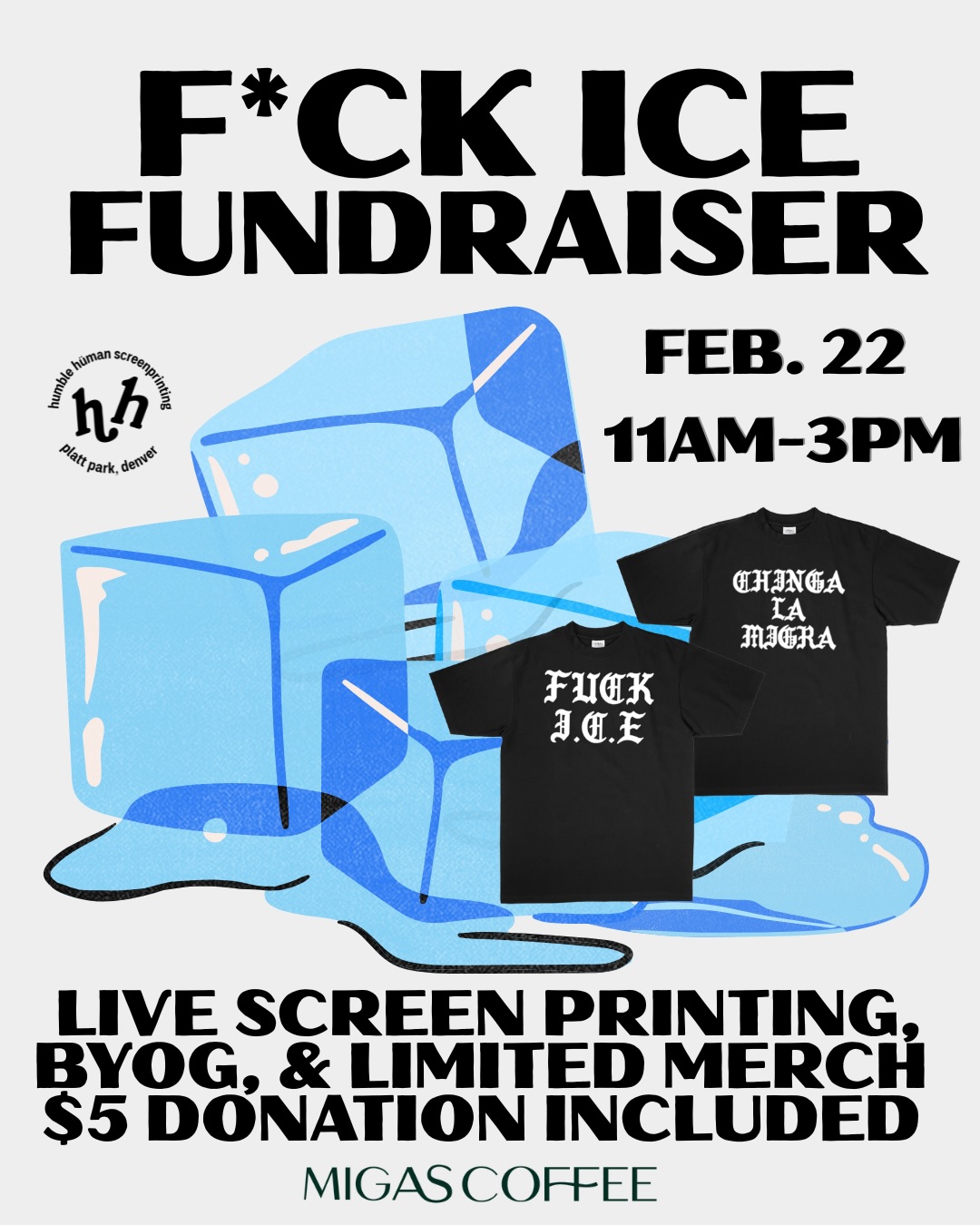 Due to popular demand, we are hosting another F*CK ICE campaign on 2/22 including LIVE screen printing! BYOG (bring your own garment) or choose from our limited merchandise. Each purchase includes a $5 donation to a local community resource supporting the immigrant community. Please RSVP using the link in our bio! See you soon!