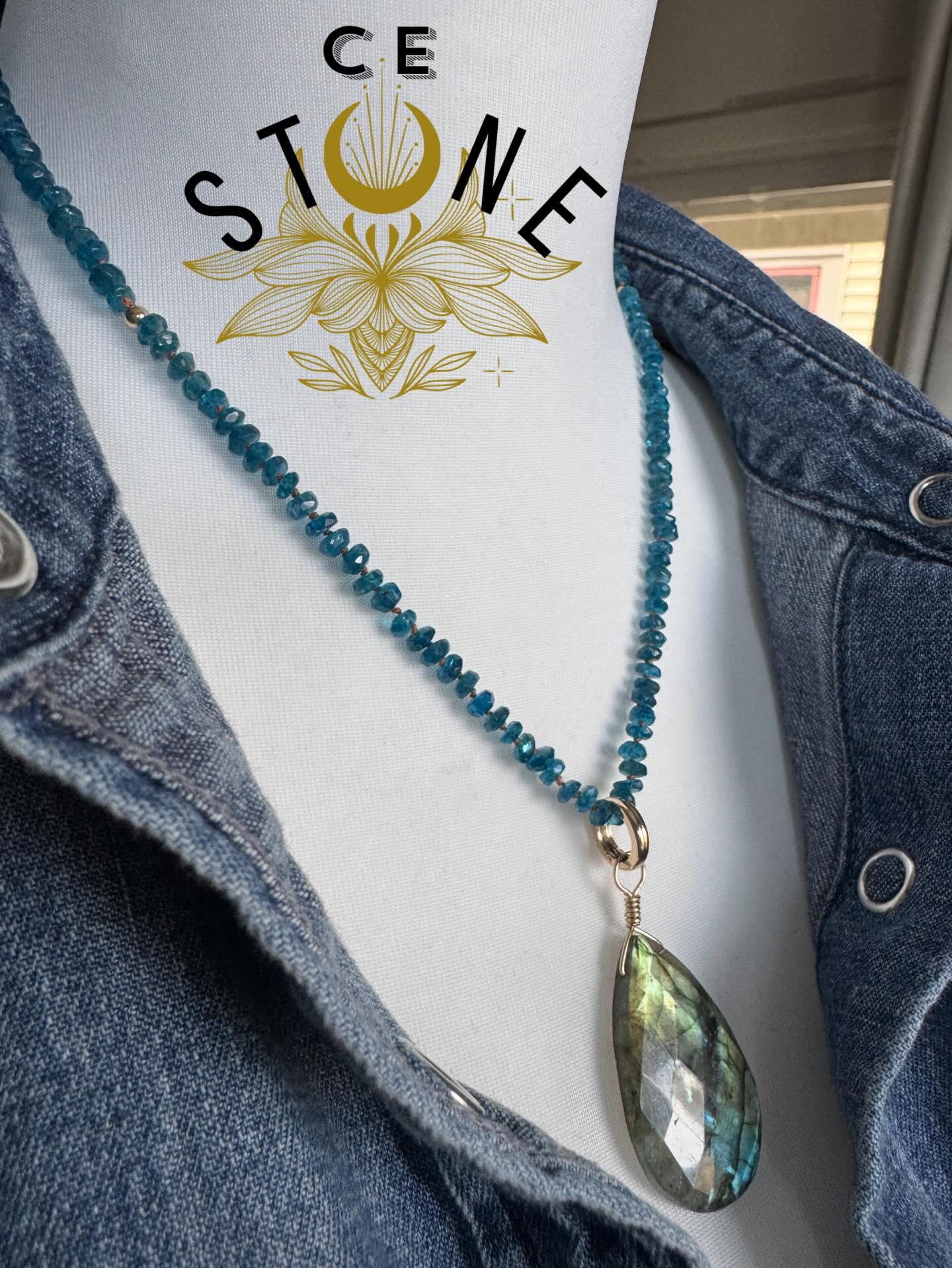 Gorgeous apatite necklace, hand knotted on silk cord, which can be worn alone or with the labradorite pendant as shown. You can also add your own charms or other favorite pendants you already have with the hinged bail. This versatile piece is a must have!
Apatite is used in manifestation, increasing motivation, and building energy. Labradorite imparts strength and perseverance during times of change, fosters imagination and new ideas, as well as connects the wearer to her intuitive wisdom.
#handmadejewelry #milwaukeejeweler #intuitivejewelry