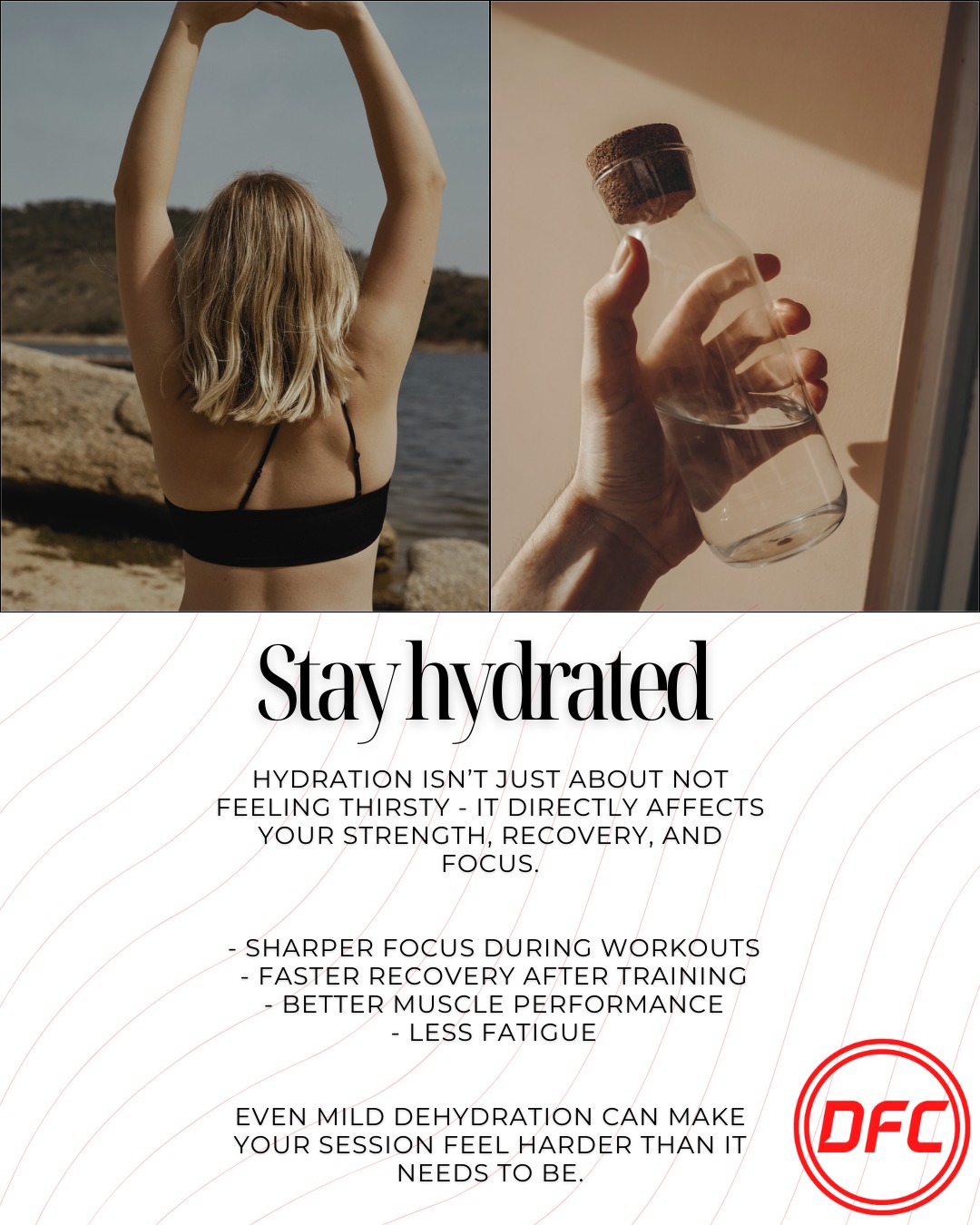 #WellnessWednesday
💧 Want better workouts without changing your program? Drink more water.
Hydration isn’t just about not feeling thirsty - it directly affects your strength, recovery, and focus.
✔️ Better muscle performance
✔️ Faster recovery after training
✔️ Less fatigue
✔️ Sharper focus during workouts
Even mild dehydration can make your session feel harder than it needs to be.
Train hard, yes - but hydrate smarter. Your body can’t perform on empty. 💪💦
#TheDisciplineFitnessCoach