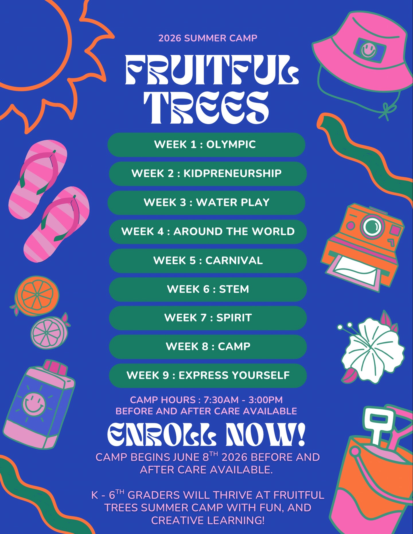 ☀️ SUMMER STARTS JUNE 8TH! ☀️
When school is out, K–6th graders thrive at Fruitful Trees Summer Camp 🌳✨
Our summer days are packed with adventure, creativity, movement, and connection—designed to keep kids active, curious, and smiling all season long.
🕢 Camp Hours: 7:30 AM – 3:00 PM
⏰ Before & After Care Available
🎯 Weekly Themes Include:
🏅 Olympic Week
💡 Kidpreneurship Week
💦 Water Play
🌍 Around the World
🎪 Carnival Week
🧪 STEM Week
🎉 Spirit Week
🏕️ Camp Week
🎨 Express Yourself
💥 What’s Included:
✔️ Weekly field trips (on-site & off-site!)
✔️ Outdoor adventures & water play
✔️ Creative exploration & STEM learning
✔️ Sports courts + big-kid amenities
✔️ Confidence, friendships & FUN
Spots fill quickly—secure your camper’s summer of growth, joy, and unforgettable memories 🌞🌱
📲 Register now — link in bio!
#FruitfulTreesSummerCamp #SummerCampFun