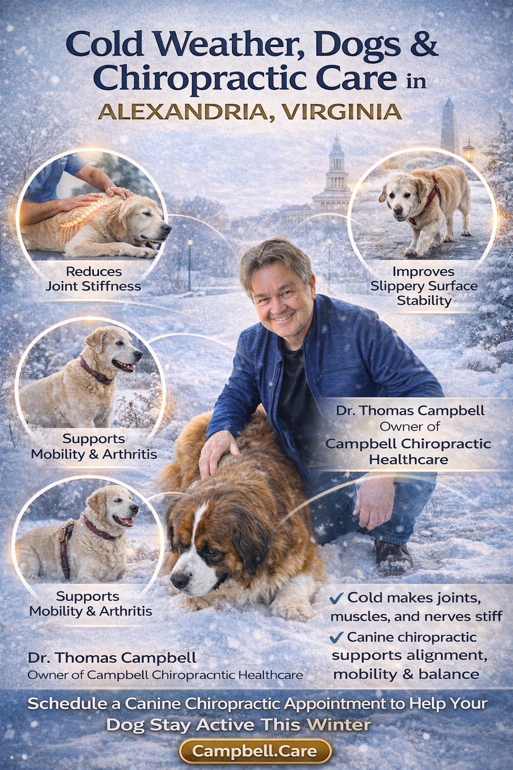 Check out Dr. Thomas Campbell's Newest Blog: Cold Weather, Dogs, and Chiropractic Care
How Winter Impacts Your Dog’s Mobility—and How Chiropractic Care Can Help
Winter in Alexandria, Virginia brings chilly temperatures, damp air, icy sidewalks, and sudden weather shifts—all of which can take a toll on your dog’s body. As the seasons change, many local dog owners begin noticing stiffness, slower movement, or hesitation during walks, especially in the mornings or after rest.
https://www.campbellk9chiro.com/post/cold-weather-dogs-and-chiropractic-care
#caninechiro #petcare #alexandriavirginia