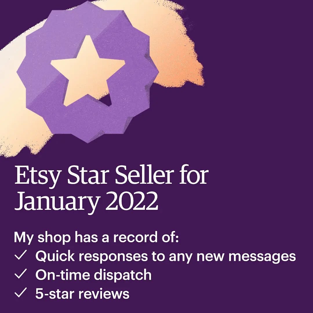 I've made it as a star seller for the 2nd month - a lovely way to start the new year! 😁
Happy new year all 🥳
#EtsyStarSeller
https://etsy.me/3JybohD