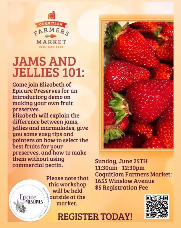 Yes, it is actually happening folks! The “Jams, Jellies and Preserves 101” workshop will be held from 11:30 to 12:30 on Sunday, June 25th @coquitlammarket Farmers Market.
This is a beginner workshop where you’ll learn about pectin, the differences between jams, jellies and marmalades, and the science & art of making your own preserves from scratch.
The strawberries will be our guest performers as they have little natural pectin when ripe, but lots when they’re unripe. We will talk about how to successfully ‘pick your own berries’ for a commercial-pectin free jam, so you can go home and DIY.
For registration details, please click the link in bio which will take you to the Eventbrite registration site. That simple!! Don’t wait, as there are only 15 spots available.
Bring your questions - and pens to take notes. Looking forward to seeing you there 😊
#portmoodymarket
#coquitlammarket
#ubcfarm
#BCfarmersmarkets
#yougottabehere
#farmtotable