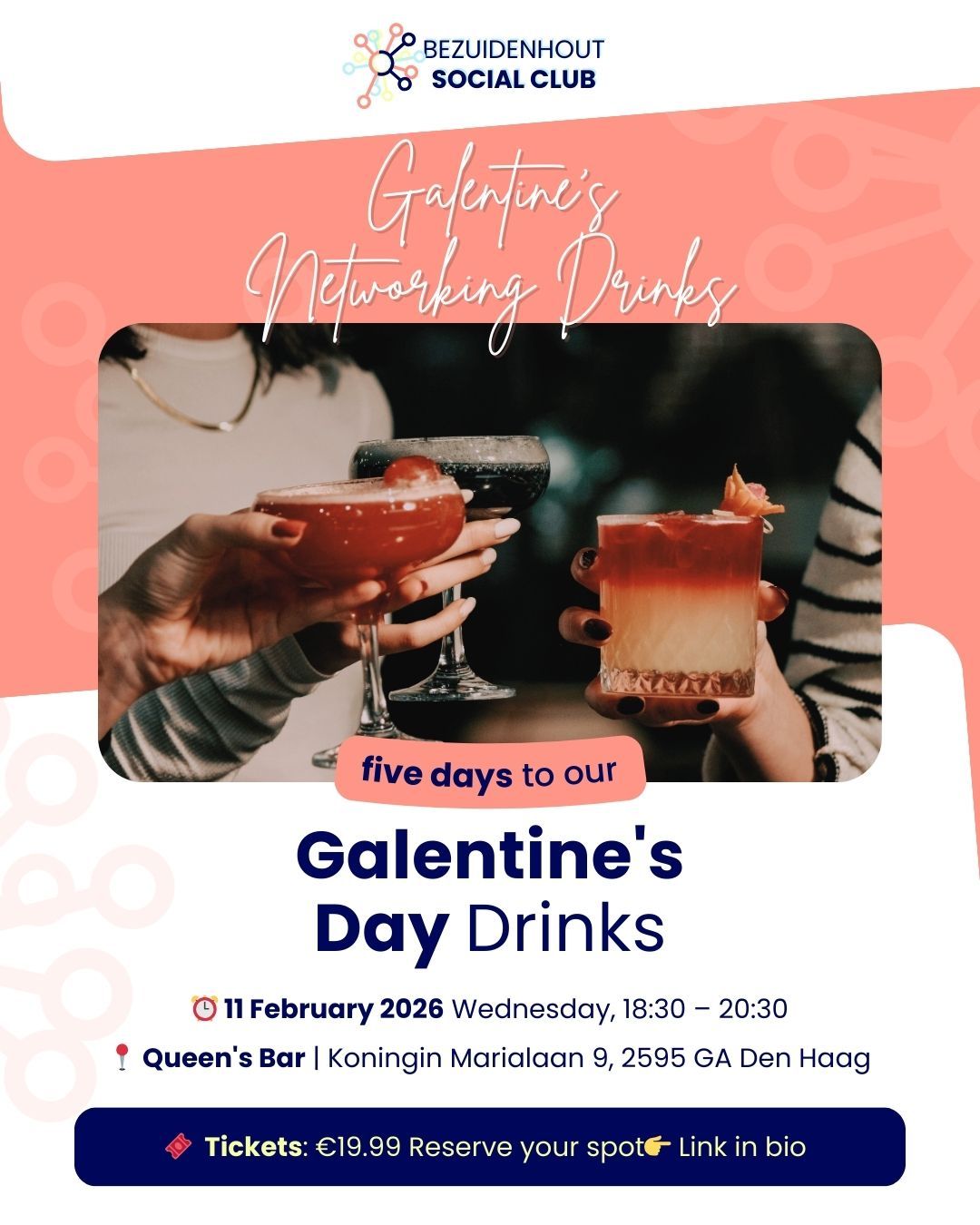 ✨ 5 days to go ✨
Our Galentine’s Networking Drinks are coming up soon! If you’re in the mood for a relaxed evening with easy conversations, friendly faces, and a welcoming atmosphere, we’d love to see you there.
📅 11 Feb | 18:30 – 20:30 | Queen’s Bar
Reserve your spot here: bezuidenhoutsocialclub.nl/events/galentines-drinks-february
or check the link in our bio 👉 @bezuidenhoutsocialclub