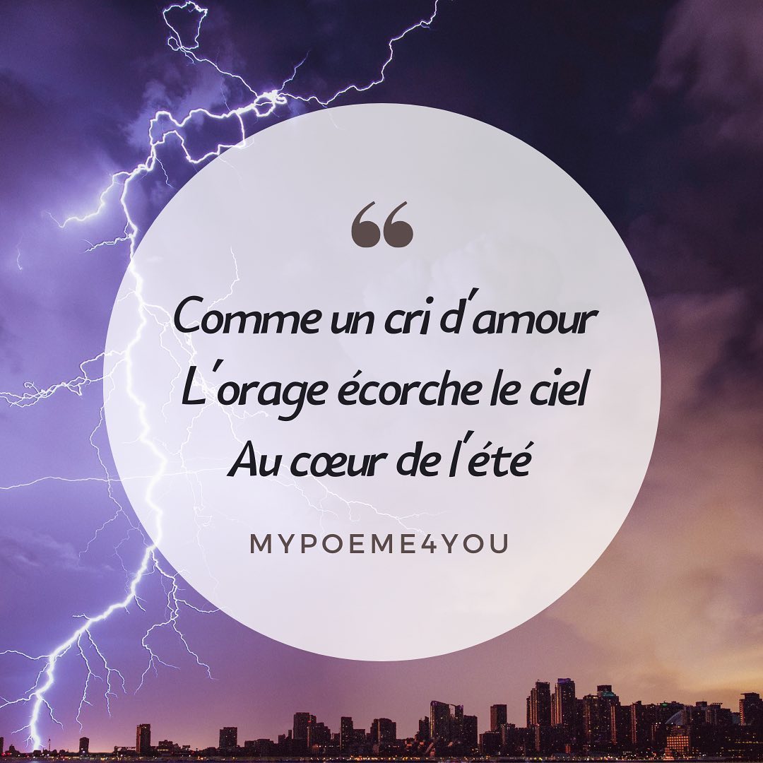 Bonsoir, petit retour ce soir.
J’espère que vous allez tous bien ☺️
« Comme un cri d’amour
L’orage écorche le ciel
Au cœur de l’été »
#oragedété
@mypoeme4you
#mypoem4you
#poesies #poesie #poemes #poeme #haikulover #auteur #auteure #ecrits #ecriture #haijin #senryû #hesdin #writersofinstagram #auteurinstagram #authorsofinstagram #recueilhaiku #haikufrancais #basho
