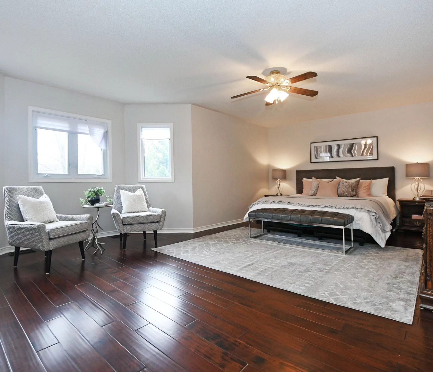 Painting and staging for the win! Traditional became transitional in no time. #newmarketrealestate #newmarketstaging #bedroomdecor #bedroomdesign #transitionaldesign #greyandpink #homestagingsells ##homestaging #classicgraybenjaminmoore #benjaminmooreclassicgray #bedroomwithaview #bedroomwithsittingroom