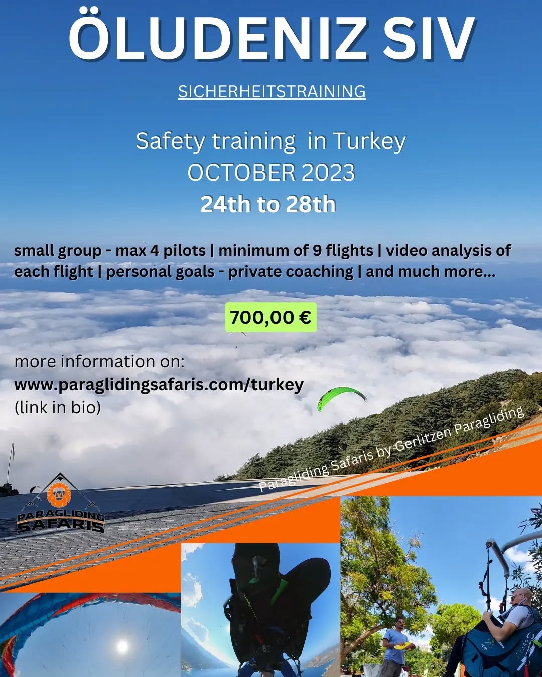 SIV & Private Training in Oludeniz 🪂😊
📆 24th - 28th of October (alternative: 20th - 23rd of October)
👥 2 spots left - get in contact with us for more info or bookings
📧 info@gerlitzenparagliding.com