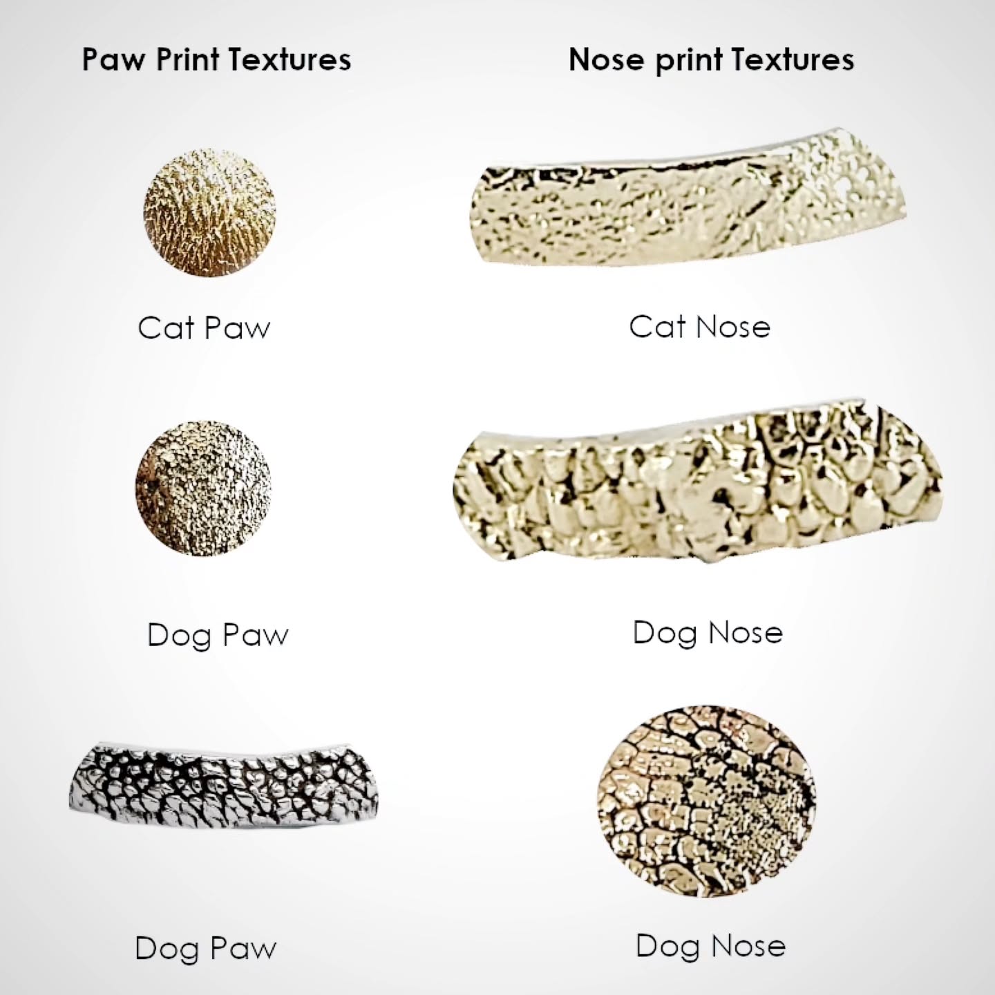 So... I started a blog... One thing that I often get asked is about pet textures! So, my first post is about the differences you'll see in jewellery. Of course every nose and paw print is unique but between species you will see certain dominance in traits.
I've made a helpful guide to help you choose the best print type for your jewellery.
Go on have a nose 😜