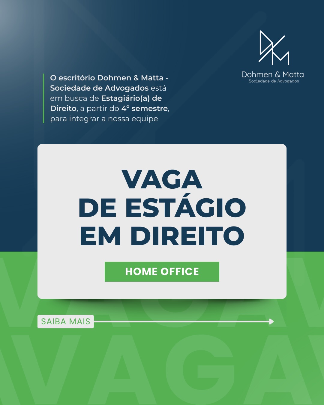 O escritório Dohmen & Matta Sociedade de Advocacia está com vaga aberta para estágio em Direito a partir do 4º semestre. Buscamos estudantes que queiram crescer tecnicamente, desenvolver responsabilidade profissional e vivenciar a prática jurídica no dia a dia.
📩 Interessados(as): enviar currículo para contato@dmaadvs.com.br
✉️ Assunto: Vaga de Estágio + Nome Completo
#VagaDeEstágio #EstágioEmDireito #HomeOffice #CarreiraJurídica #DMAdvogados