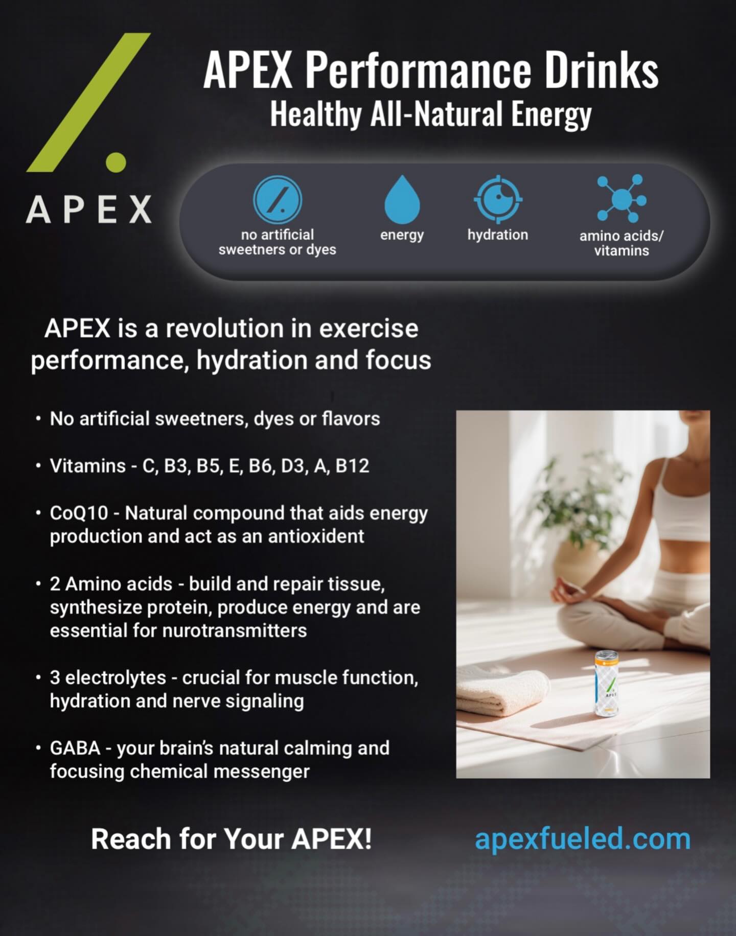 Sometimes we get questions about the cost of Apex being higher than your more well known energy drinks. One of the biggest reasons for this is because of the ingredient list. Here are 6 great reasons why Apex should be fueling you! 💪🏼💥🔥#noartificial #vitamins #coq10 #aminos #electrolytes